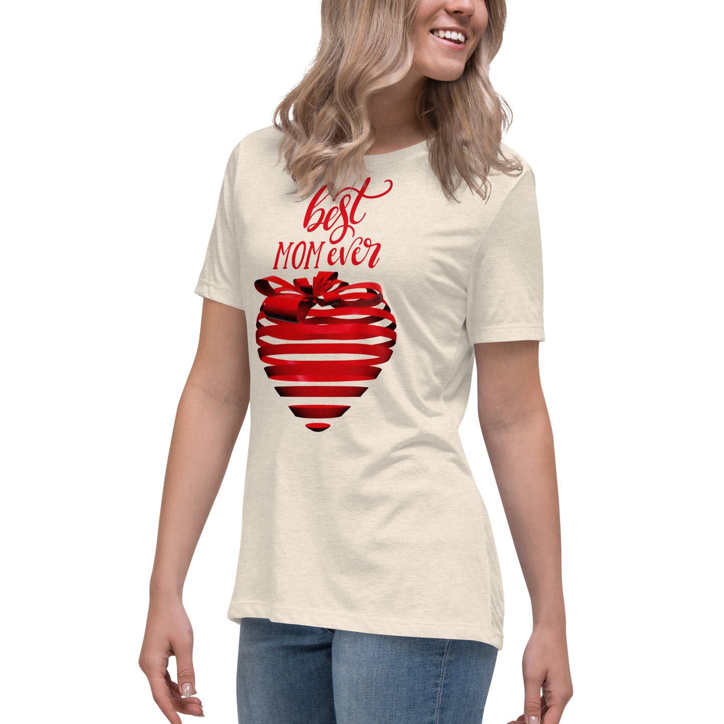 Women with natural T-shirt with red text best MOM Ever and red heart