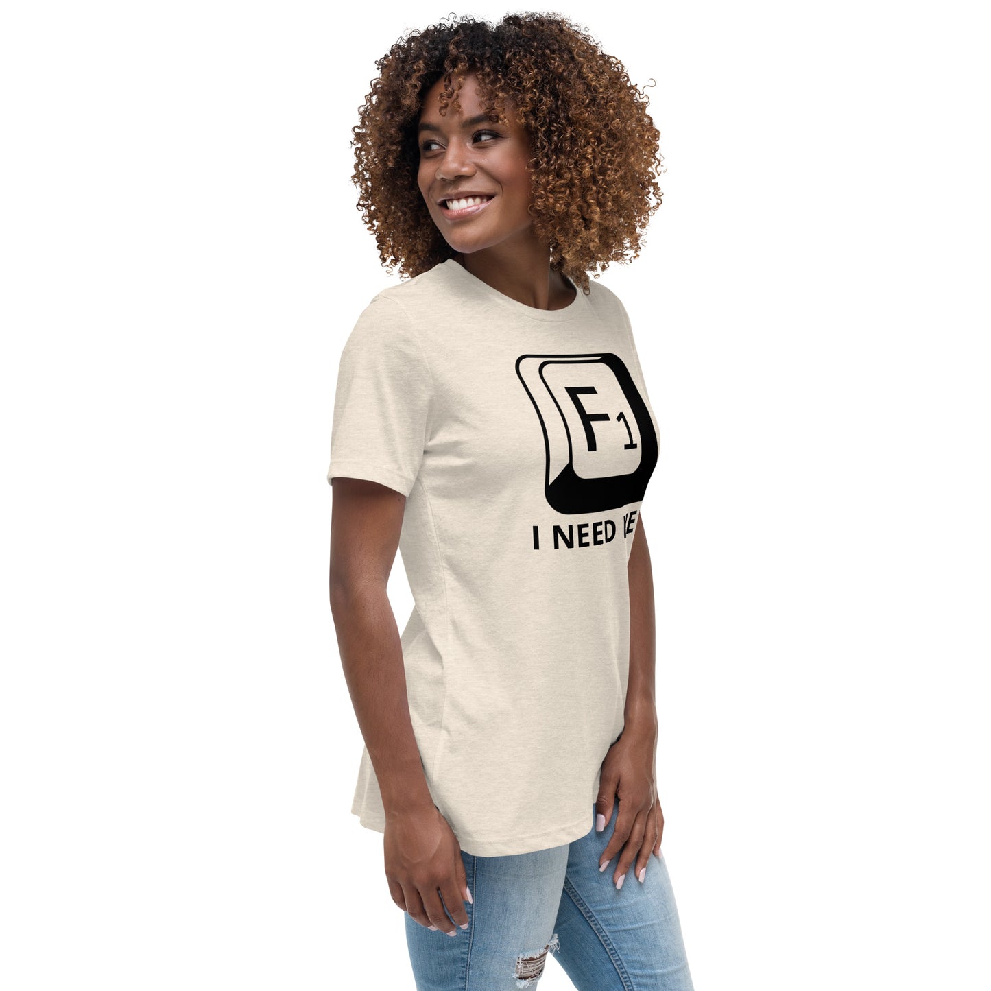 Woman with prism t-shirt with picture of "F1" key and text "I need help"