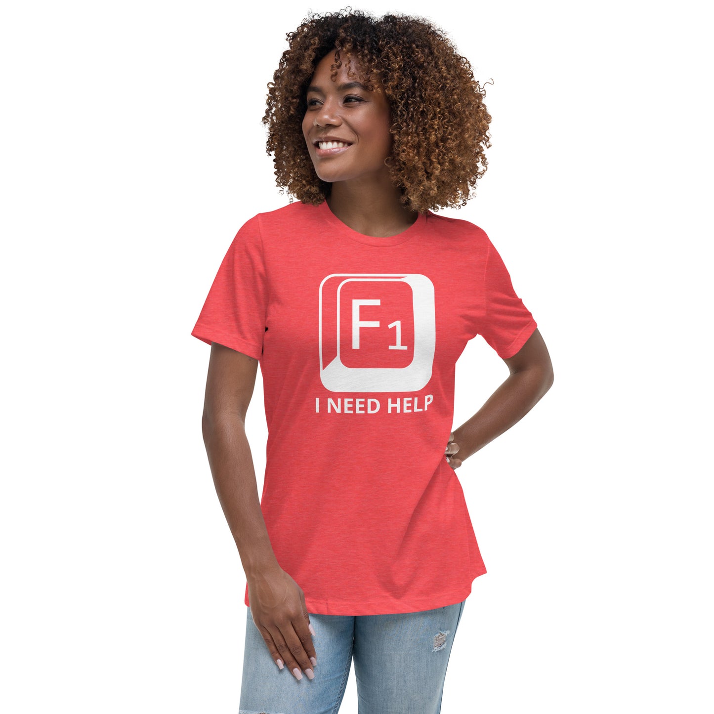 Woman with red t-shirt with picture of "F1" key and text "I need help"