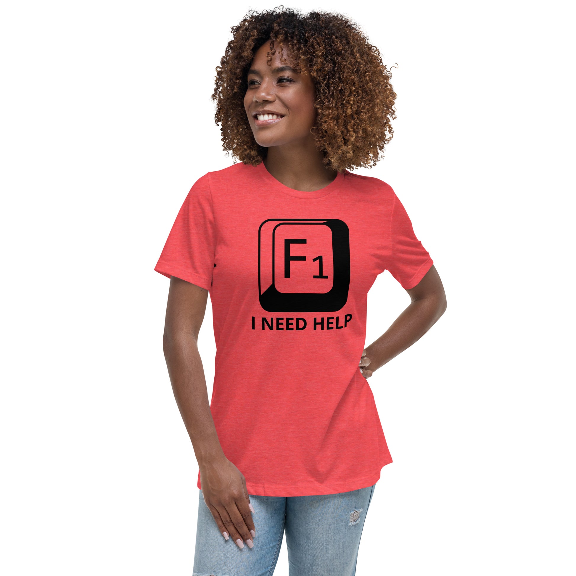 Woman with red t-shirt with picture of "F1" key and text "I need help"