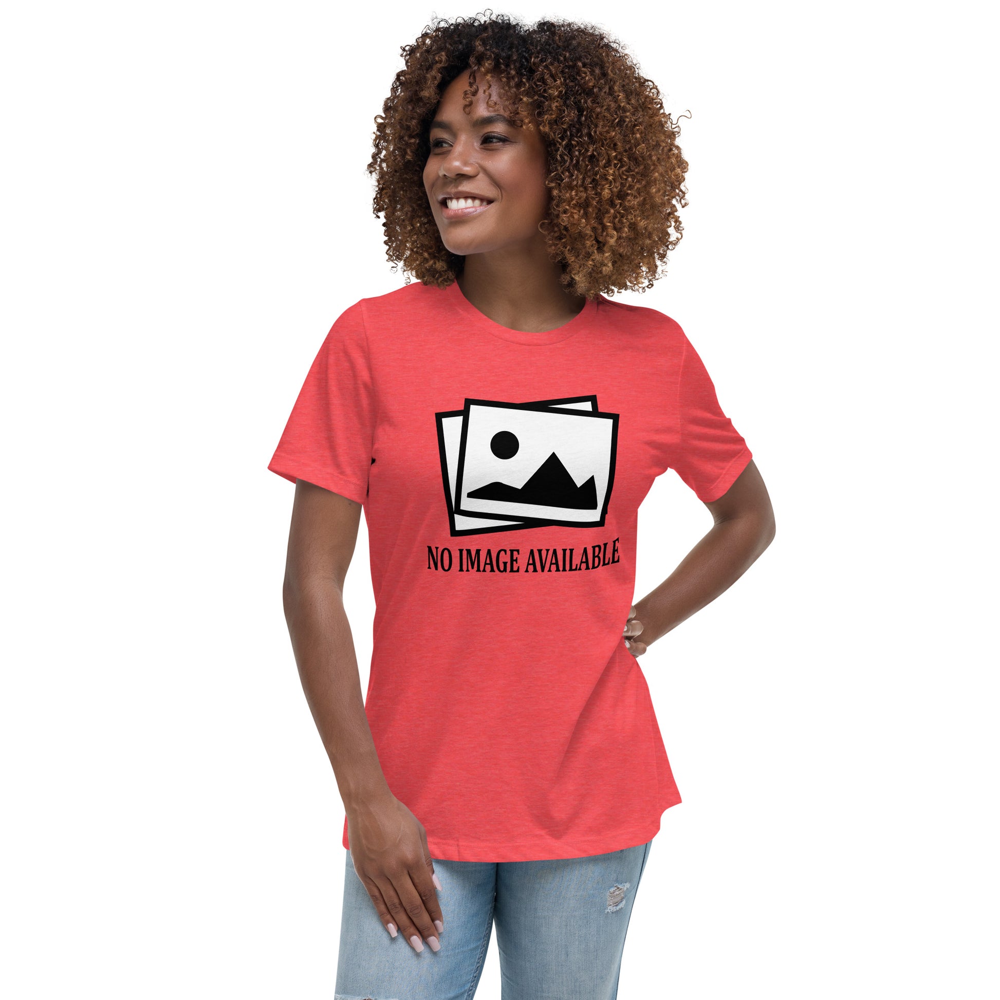 Women with red t-shirt with image and text "no image available"