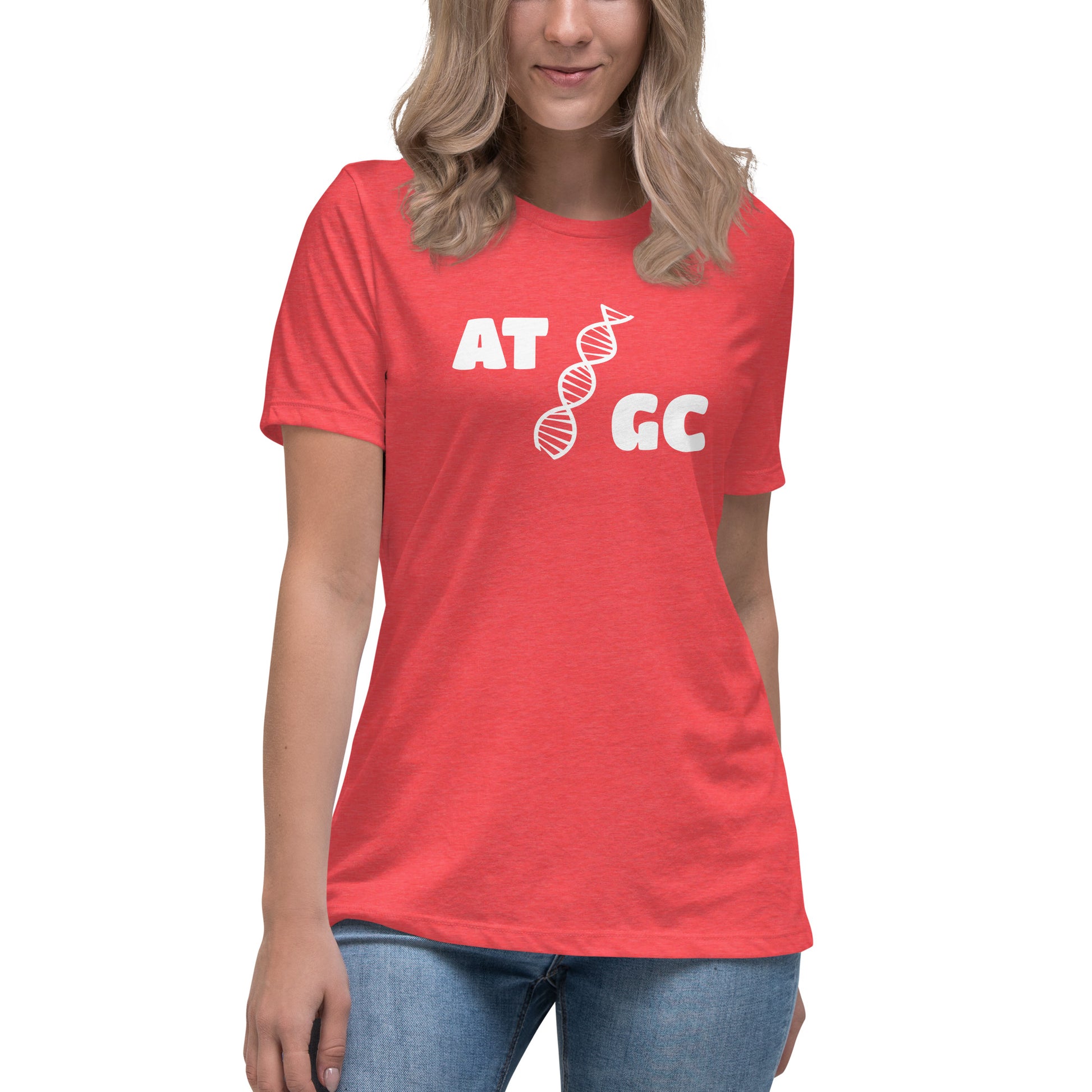 Women with red t-shirt with image of a DNA string and the text "ATGC"
