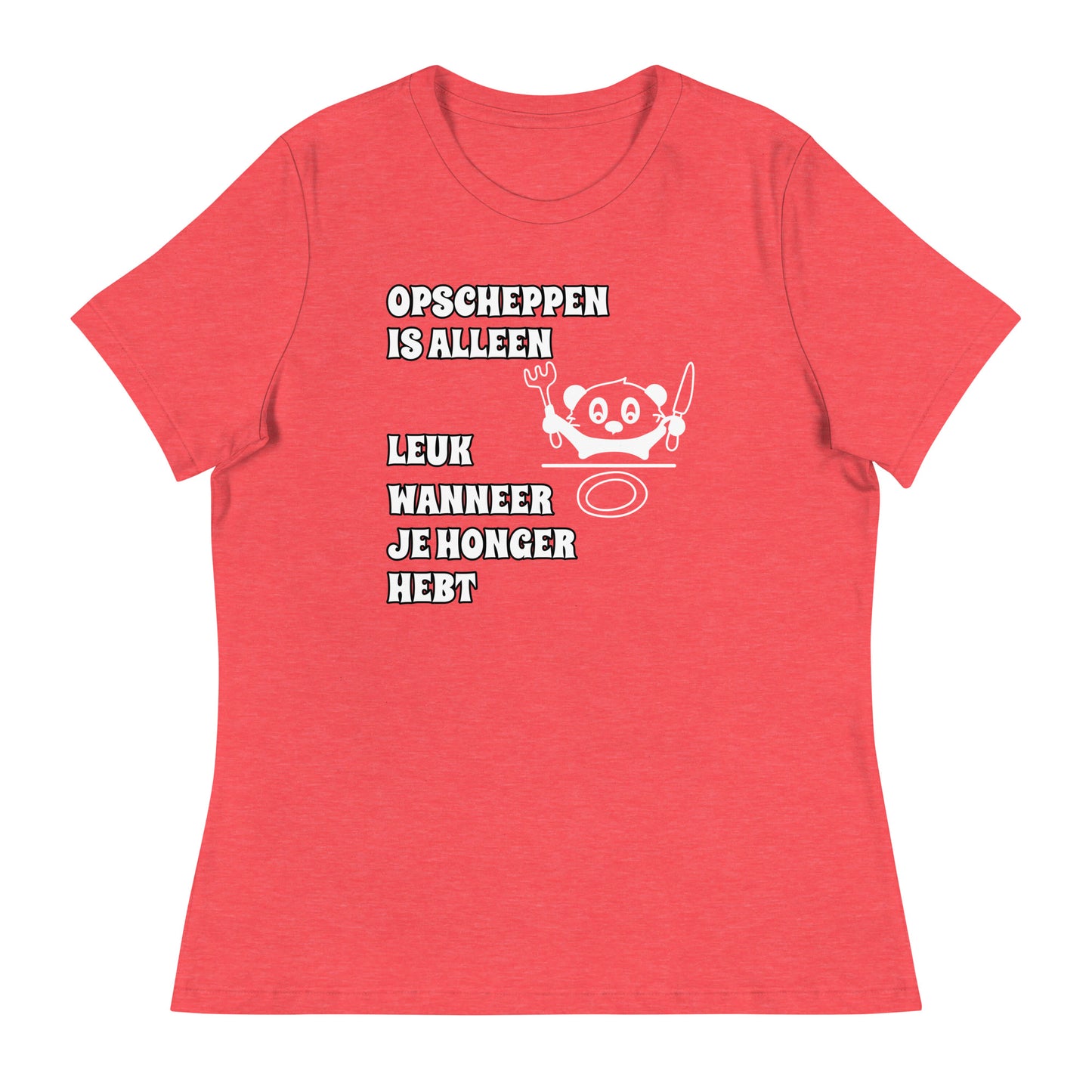 rode T-shirt met tekst “opscheppen is alleen leuk wanneer je honger hebt”