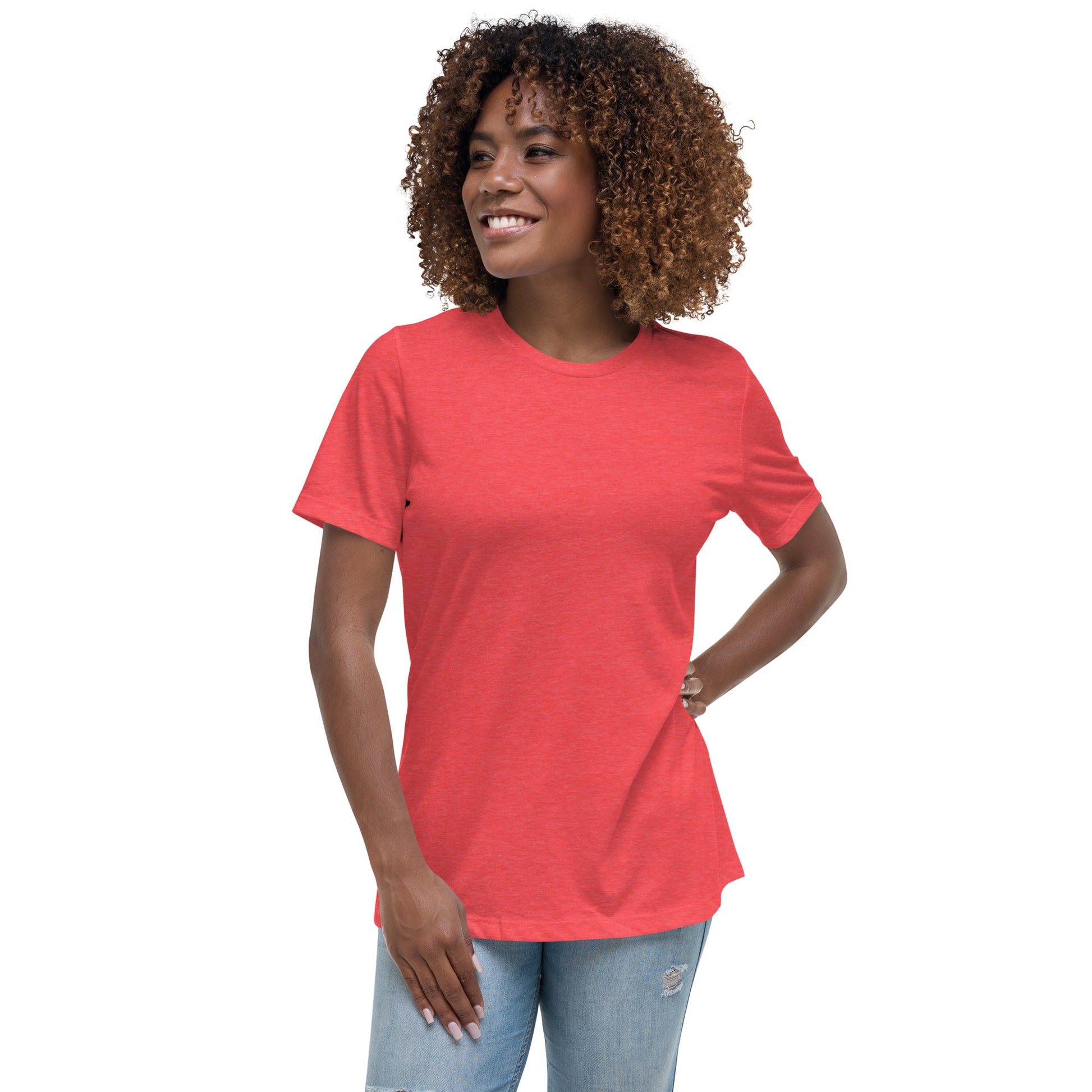Women with a heather red T-shirt without print on the front