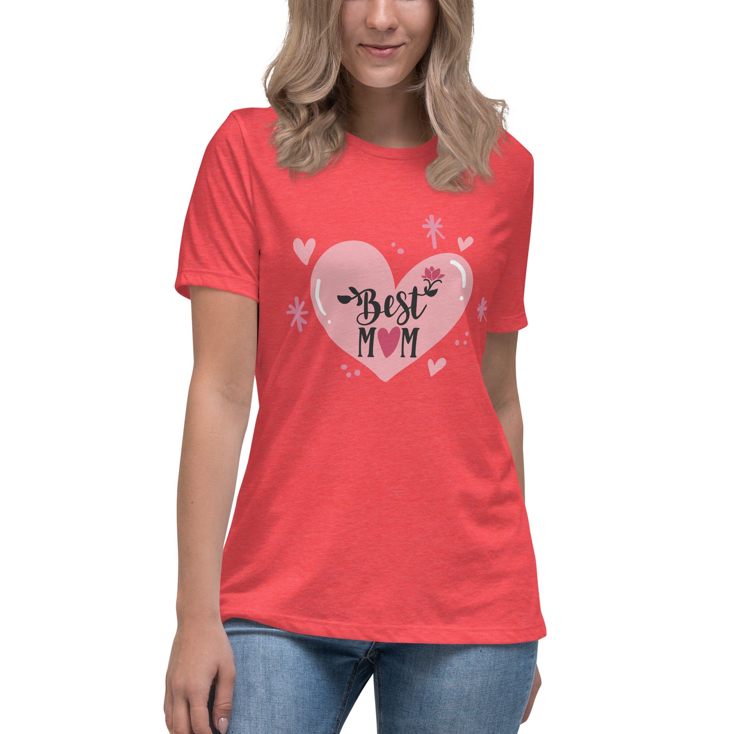 Women with red t shirt with hart and text best MOM