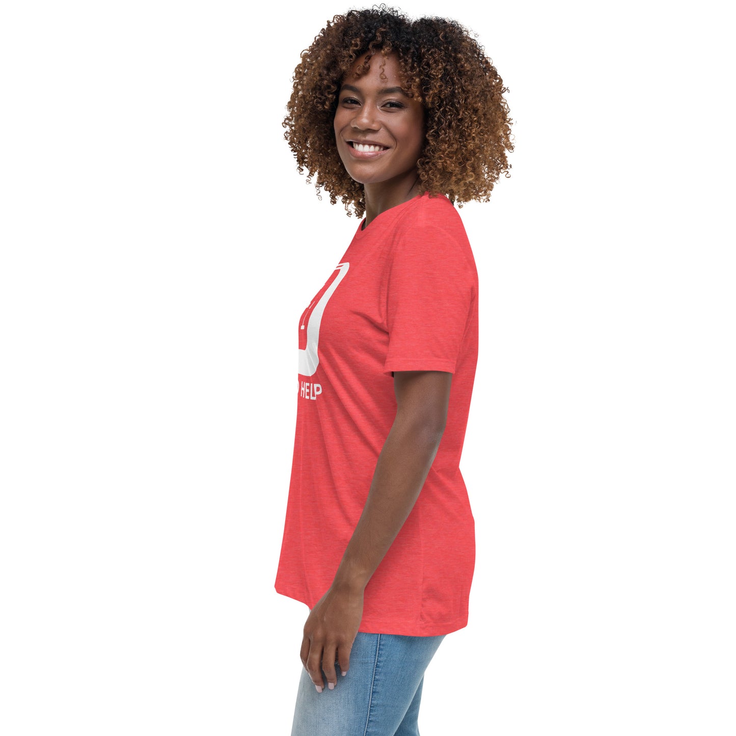 Woman with red t-shirt with picture of "F1" key and text "I need help"