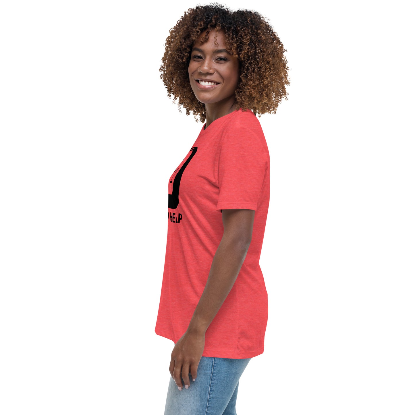 Woman with red t-shirt with picture of "F1" key and text "I need help"