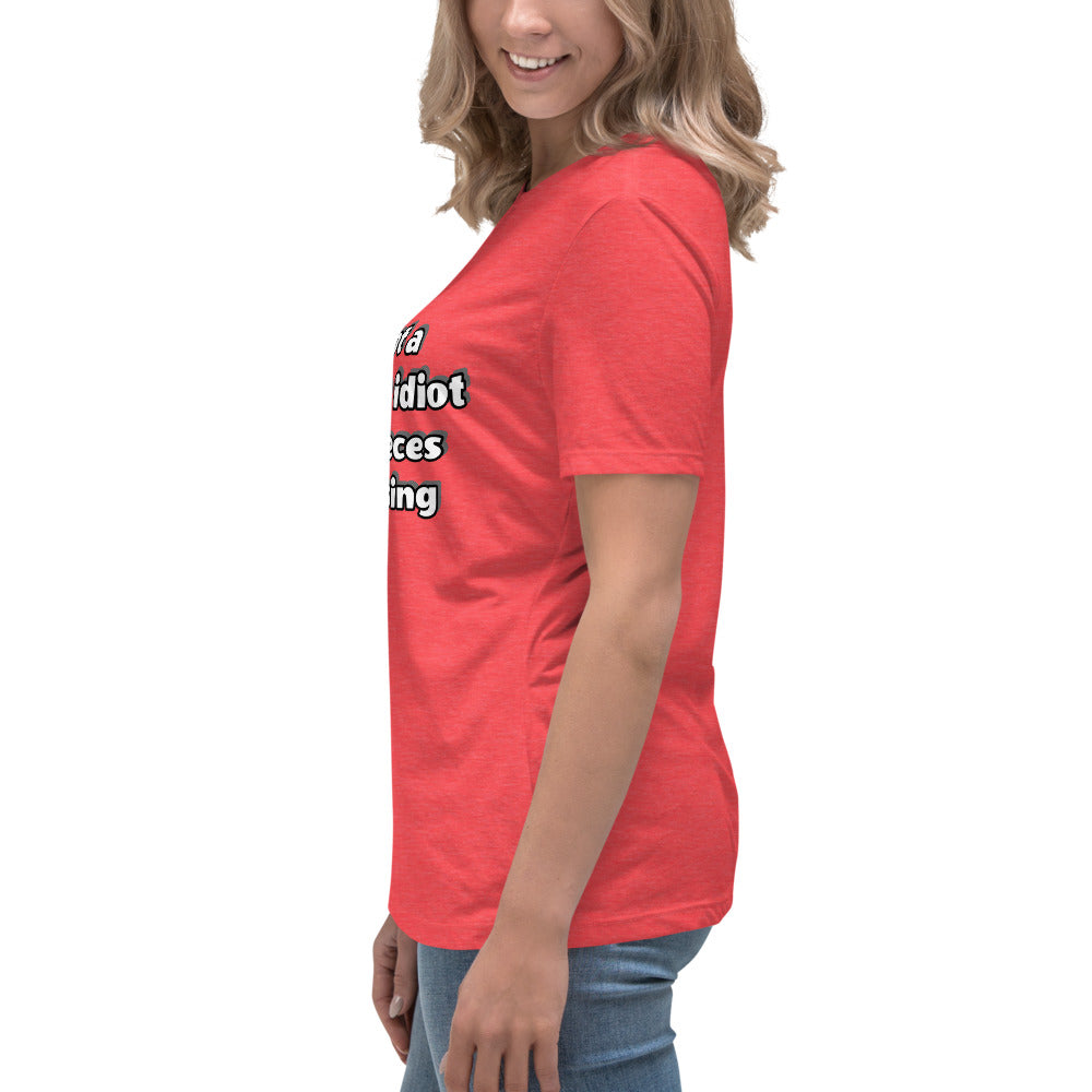 Women with red t-shirt with text “I’m not a complete idiot, some pieces are missing”