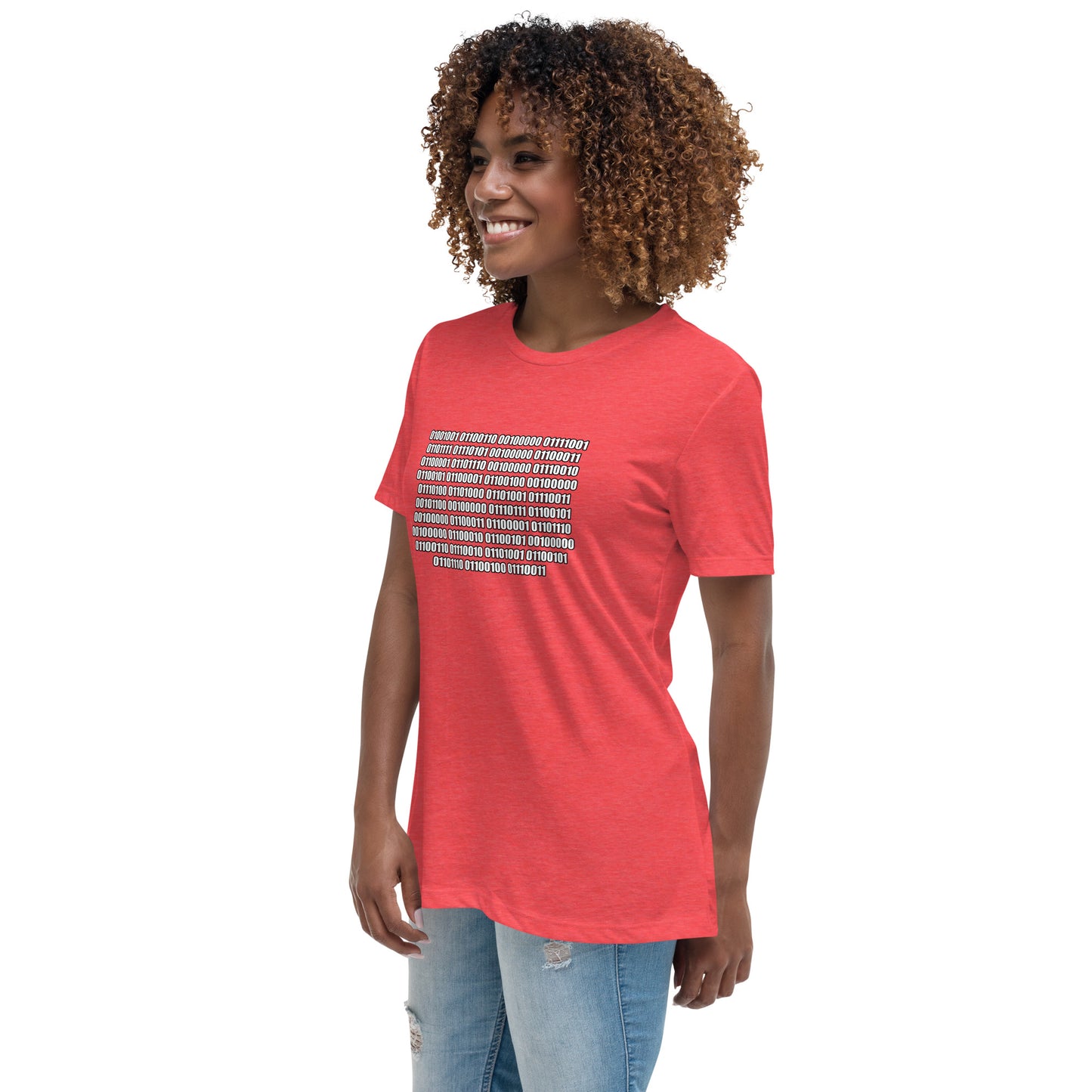 Woman with red t-shirt with binary code "If you can read this"