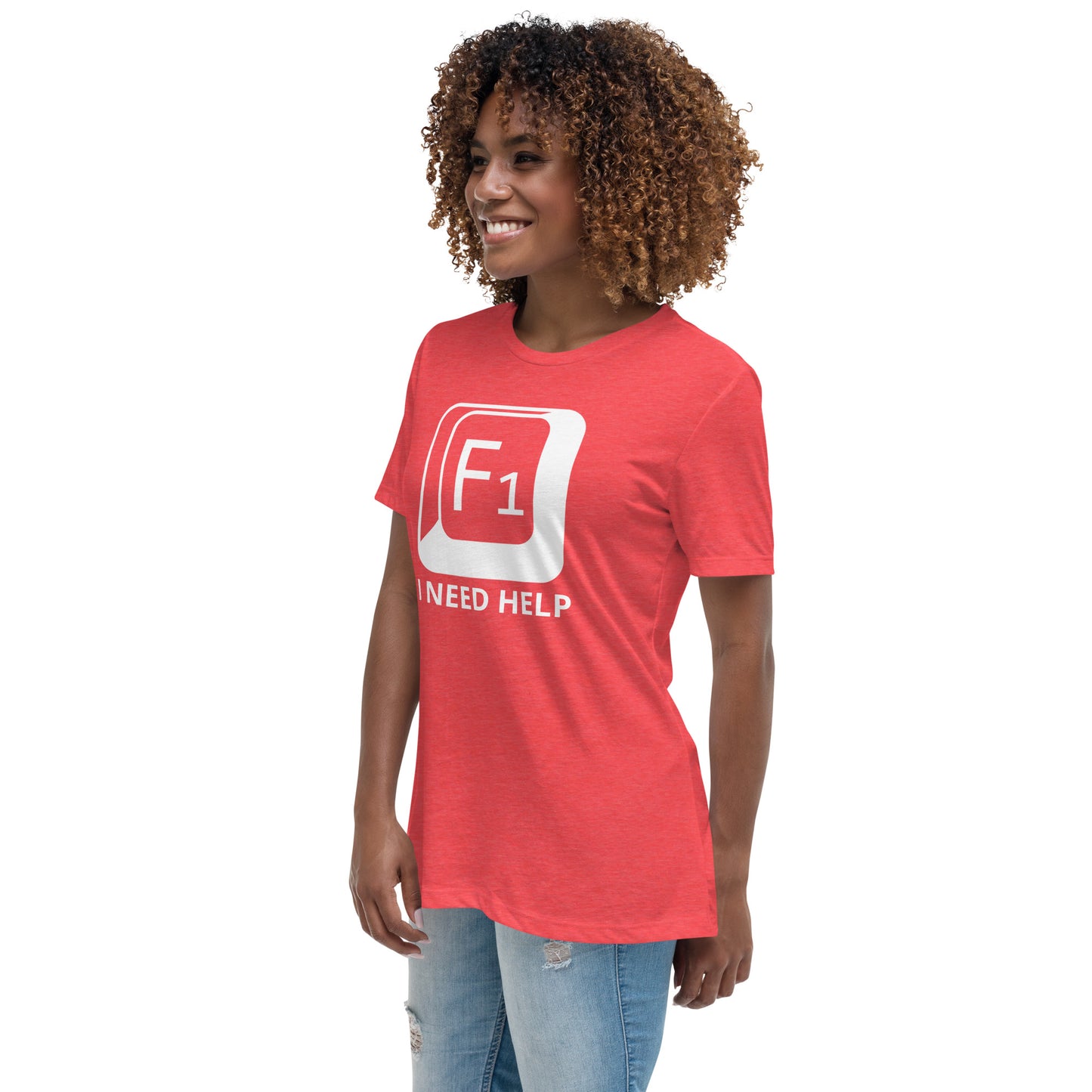 Woman with red t-shirt with picture of "F1" key and text "I need help"