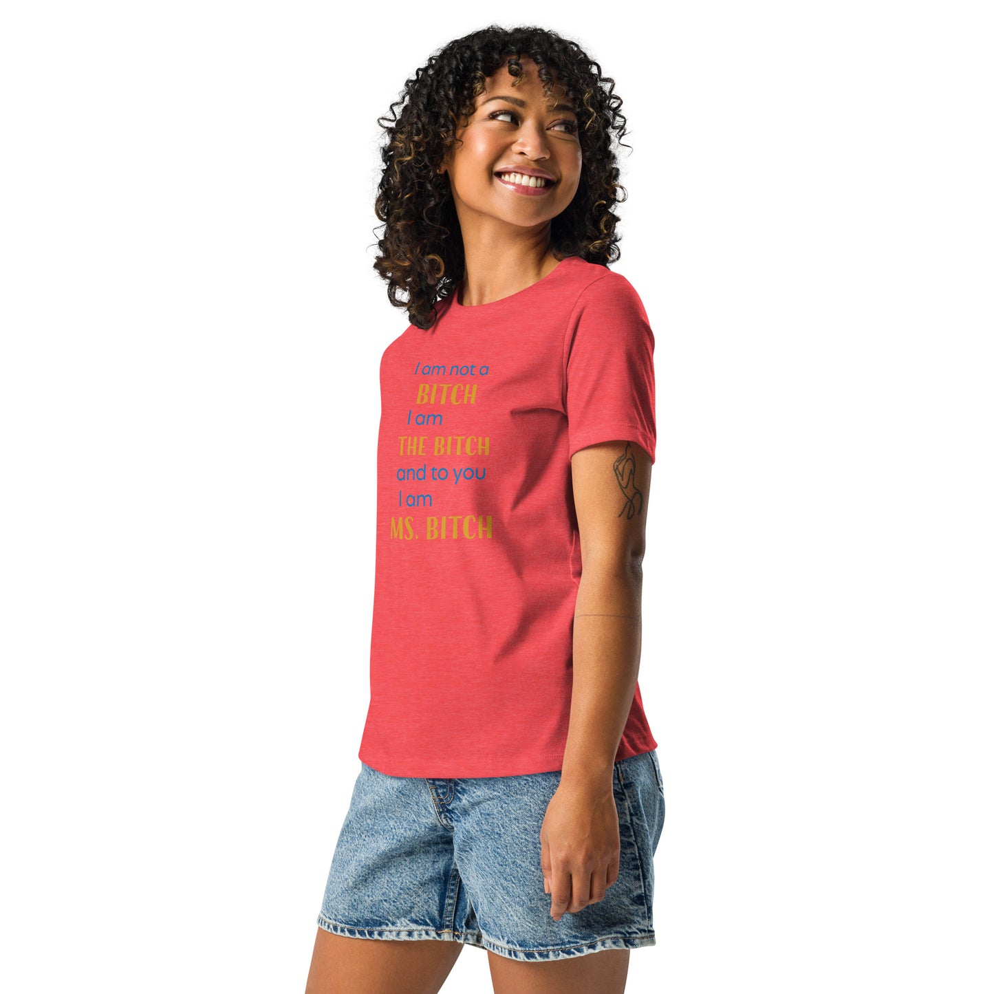 Women with red t-shirt with the text "to you I'm MS bitch"