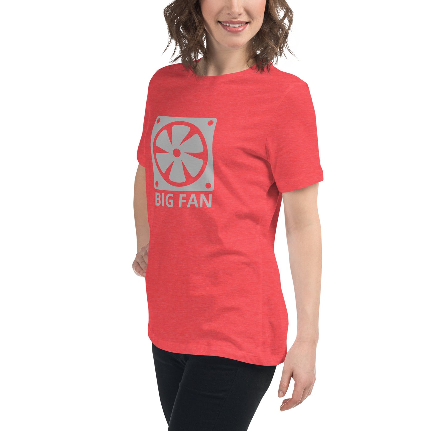Women with red t-shirt with image of a big computer fan and the text "BIG FAN"