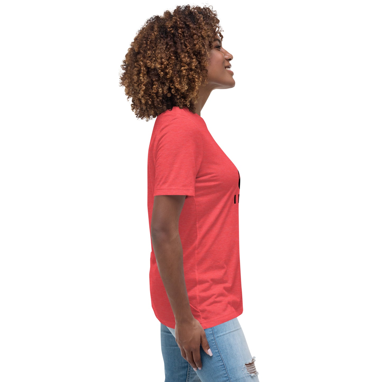 Woman with red t-shirt with picture of "F1" key and text "I need help"