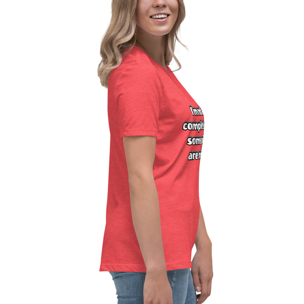 Women with red t-shirt with text “I’m not a complete idiot, some pieces are missing”