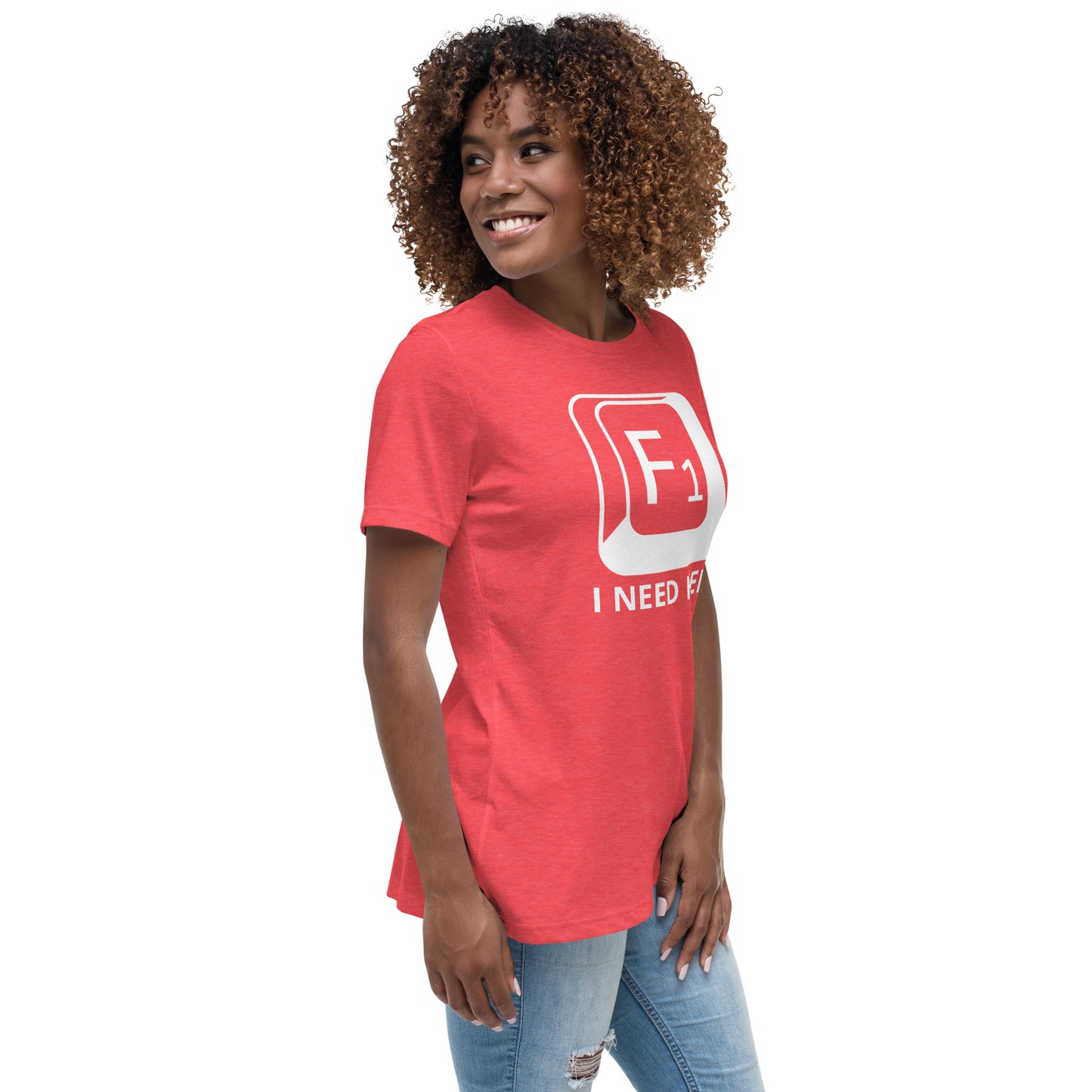 Woman with red t-shirt with picture of "F1" key and text "I need help"