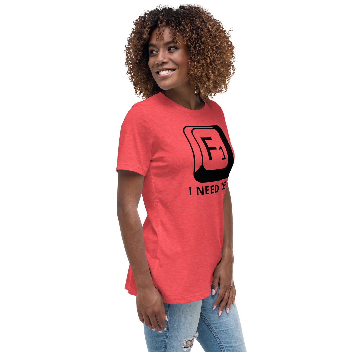 Woman with red t-shirt with picture of "F1" key and text "I need help"