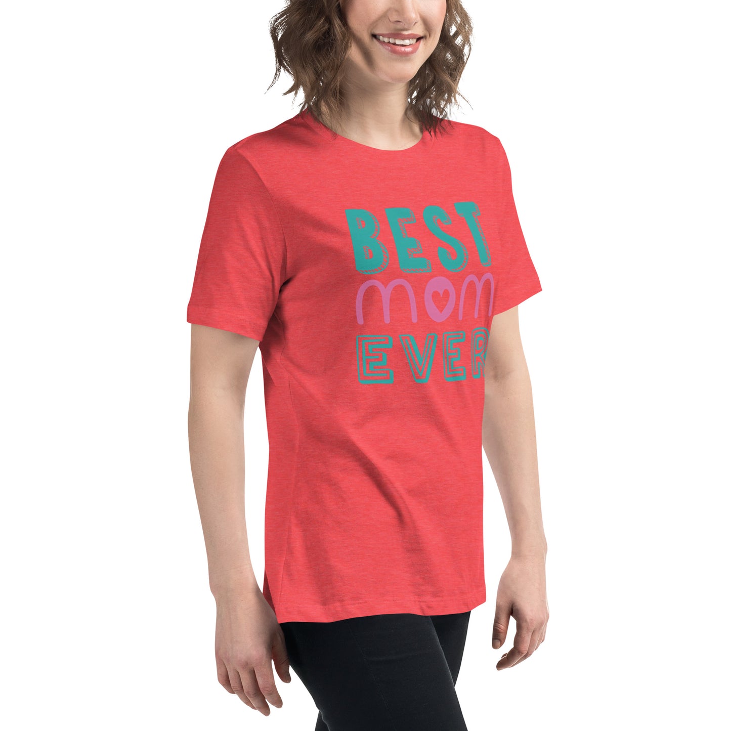 Women with red Tshirt with text best MOM Ever