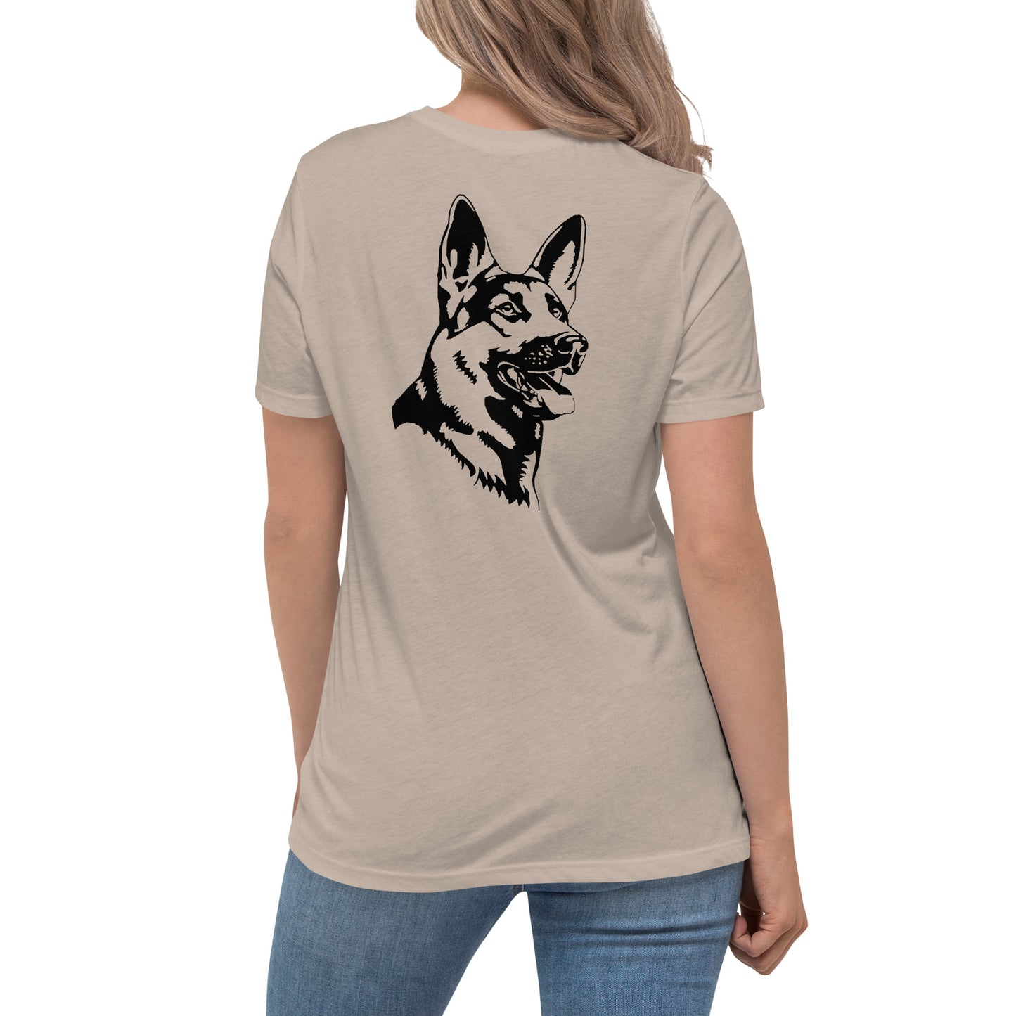 Women with stone shirt with German shepherd