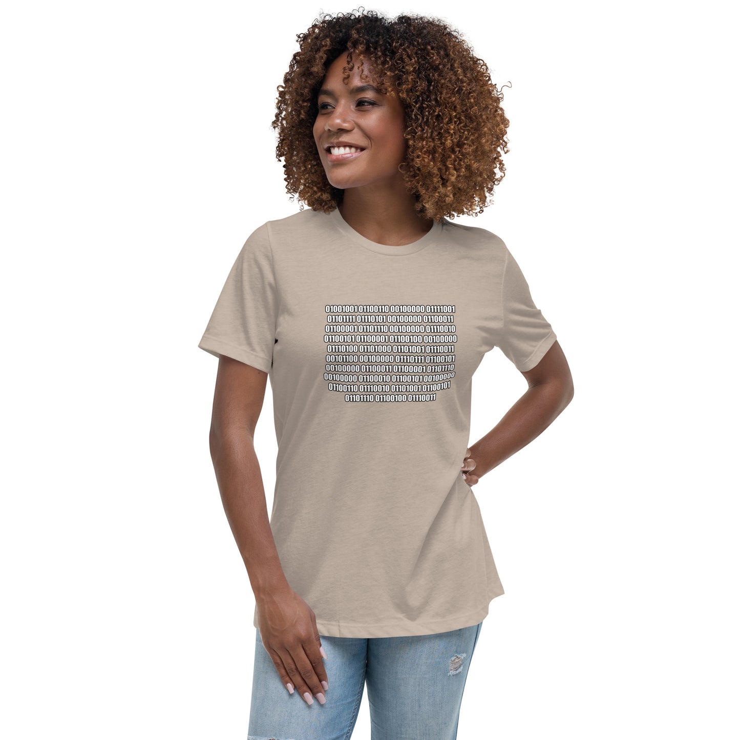 Woman with stone t-shirt with binary code "If you can read this"