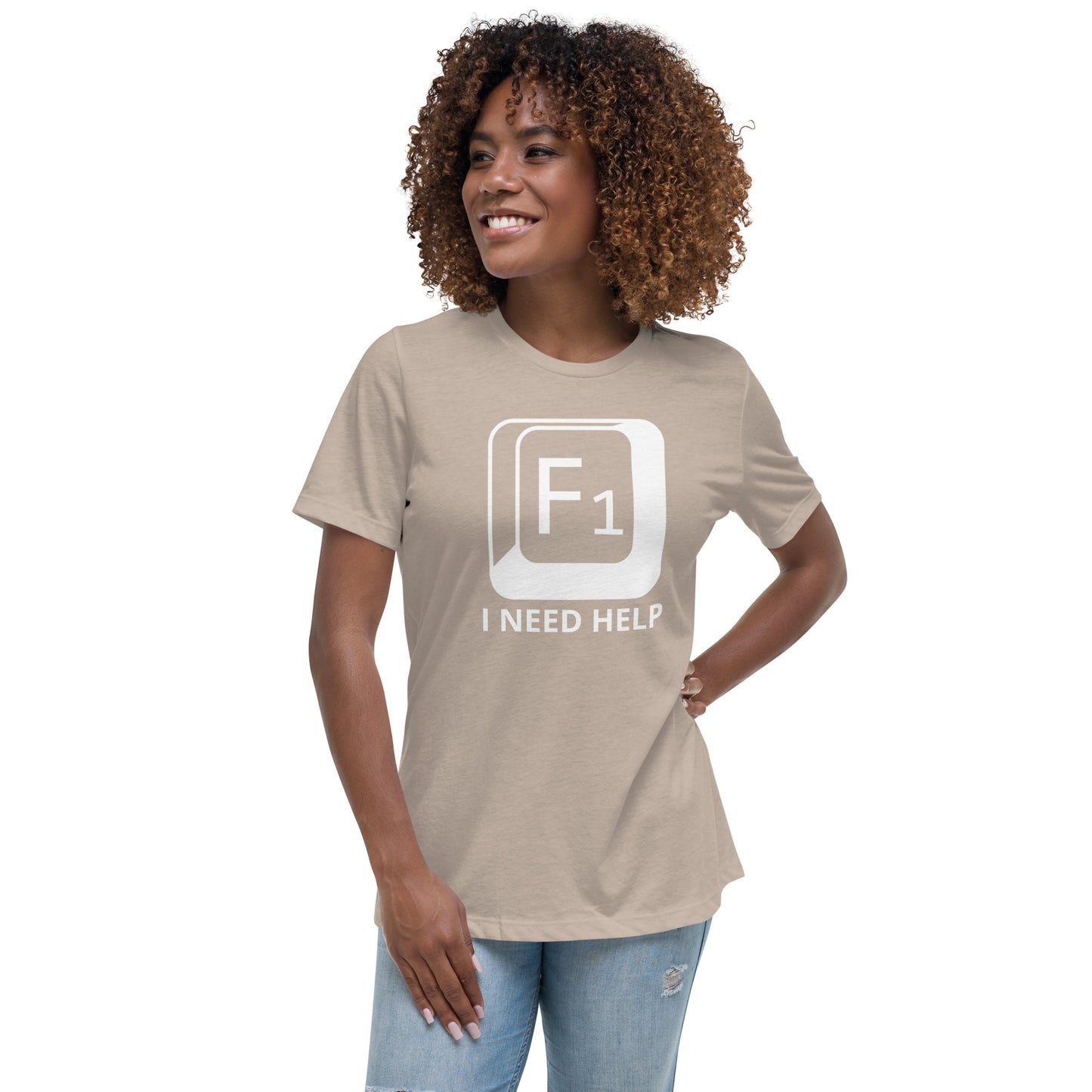 Woman with stone t-shirt with picture of "F1" key and text "I need help"