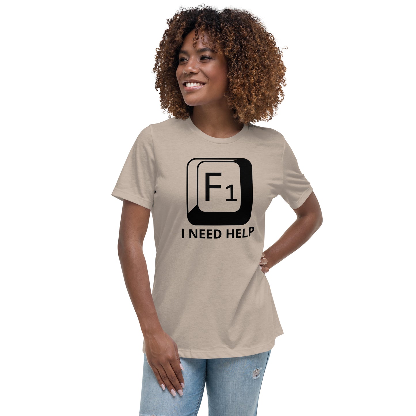 Woman with stone t-shirt with picture of "F1" key and text "I need help"