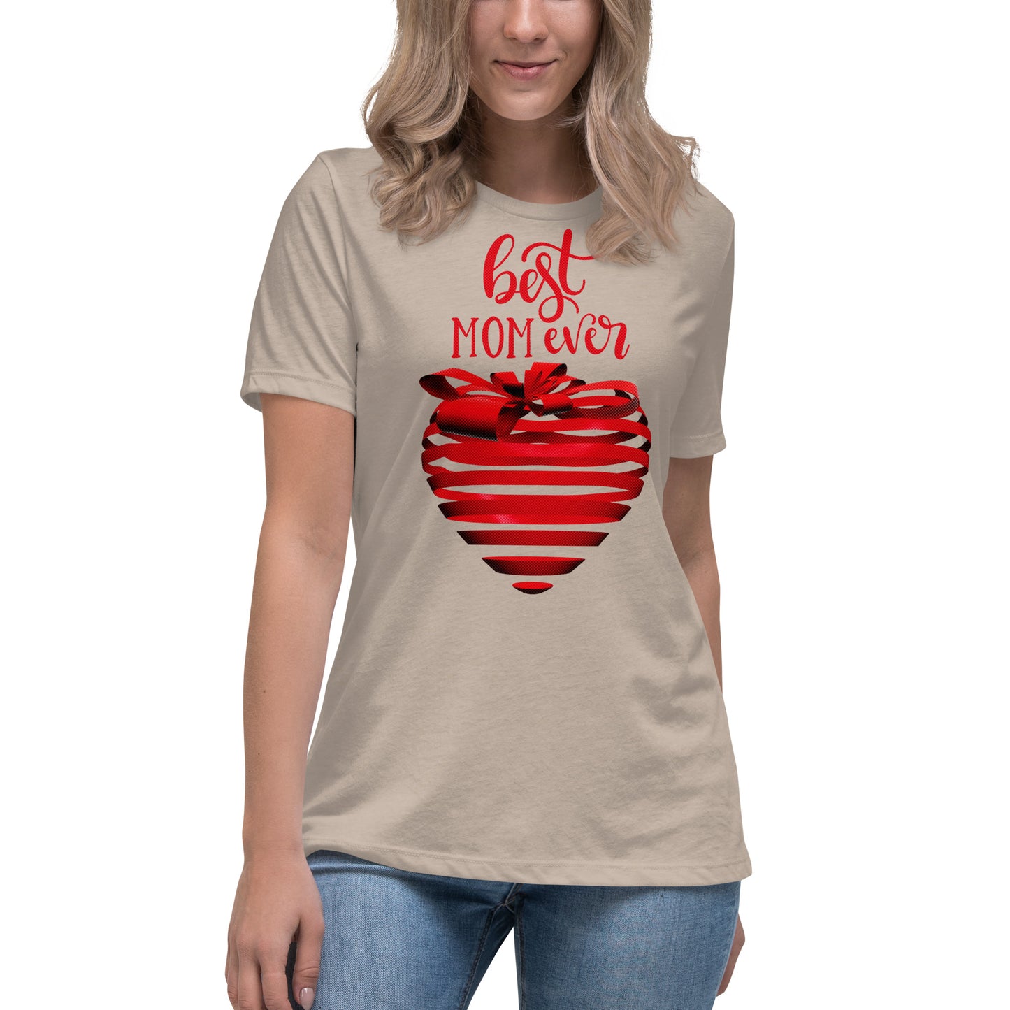 Women with stone T-shirt with red text best MOM Ever and red heart