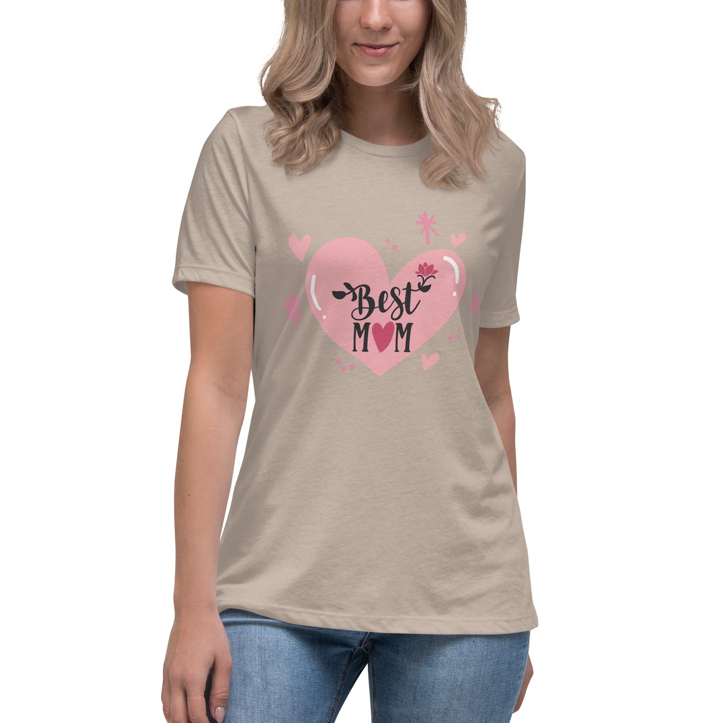 Women with stone t shirt with hart and text best MOM