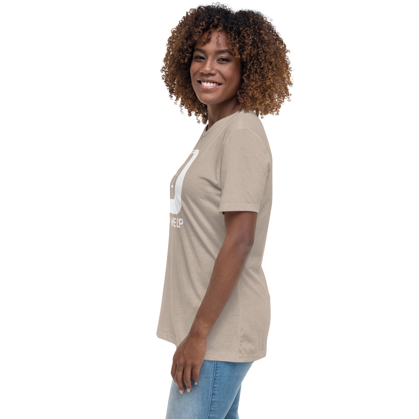 Woman with stone t-shirt with picture of "F1" key and text "I need help"