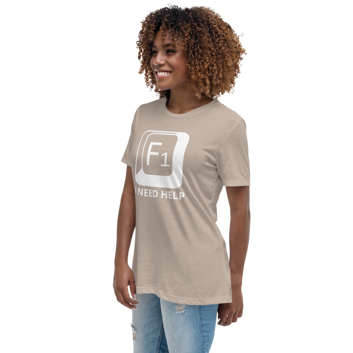 Woman with stone t-shirt with picture of "F1" key and text "I need help"