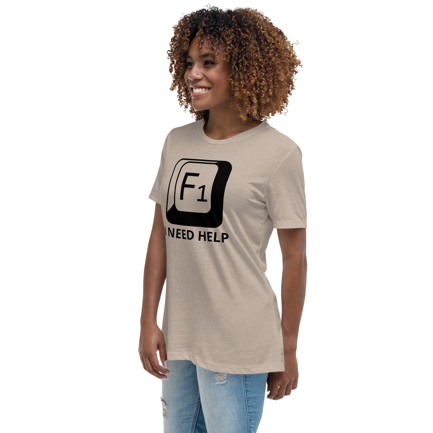 Woman with stone t-shirt with picture of "F1" key and text "I need help"