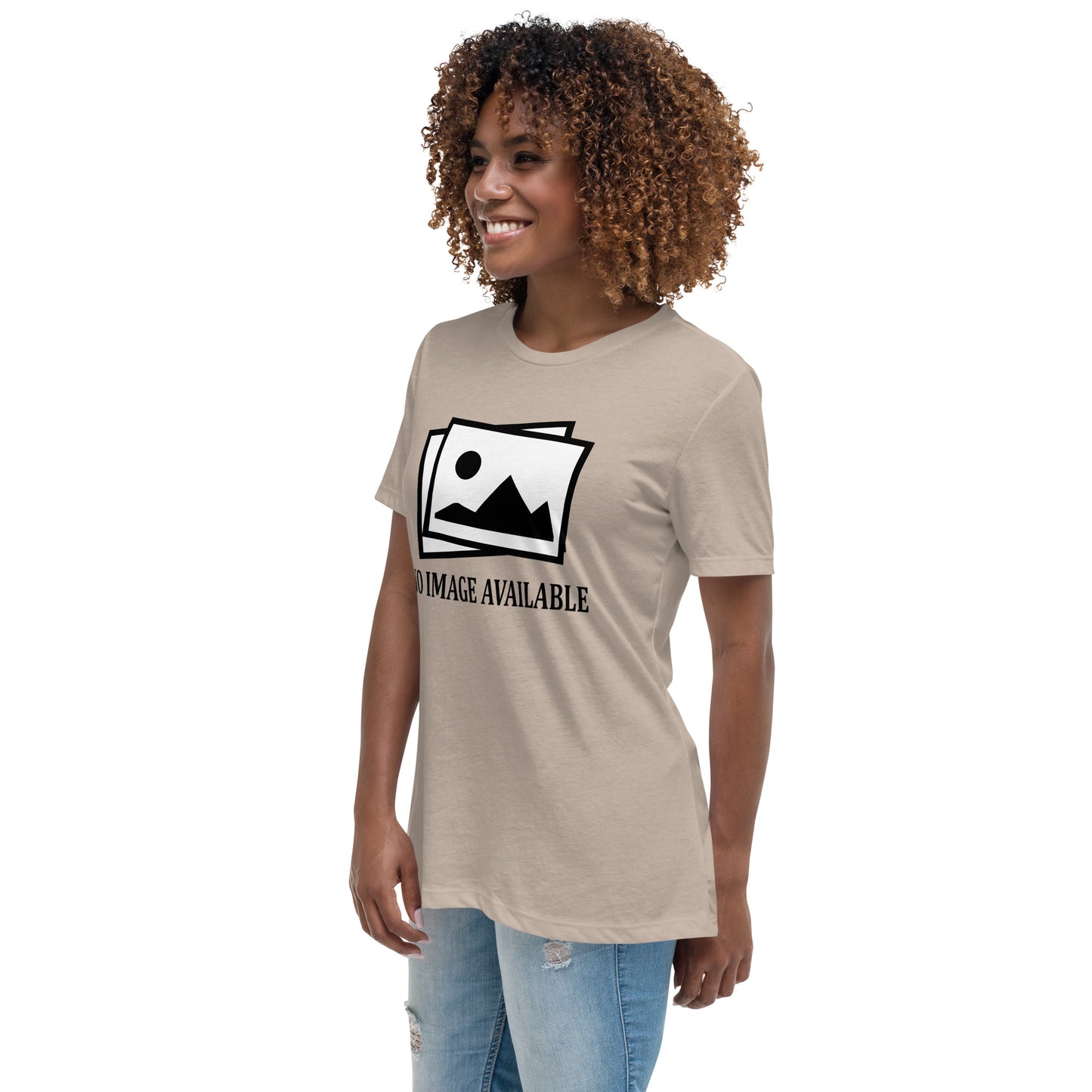 Women with stone t-shirt with image and text "no image available"