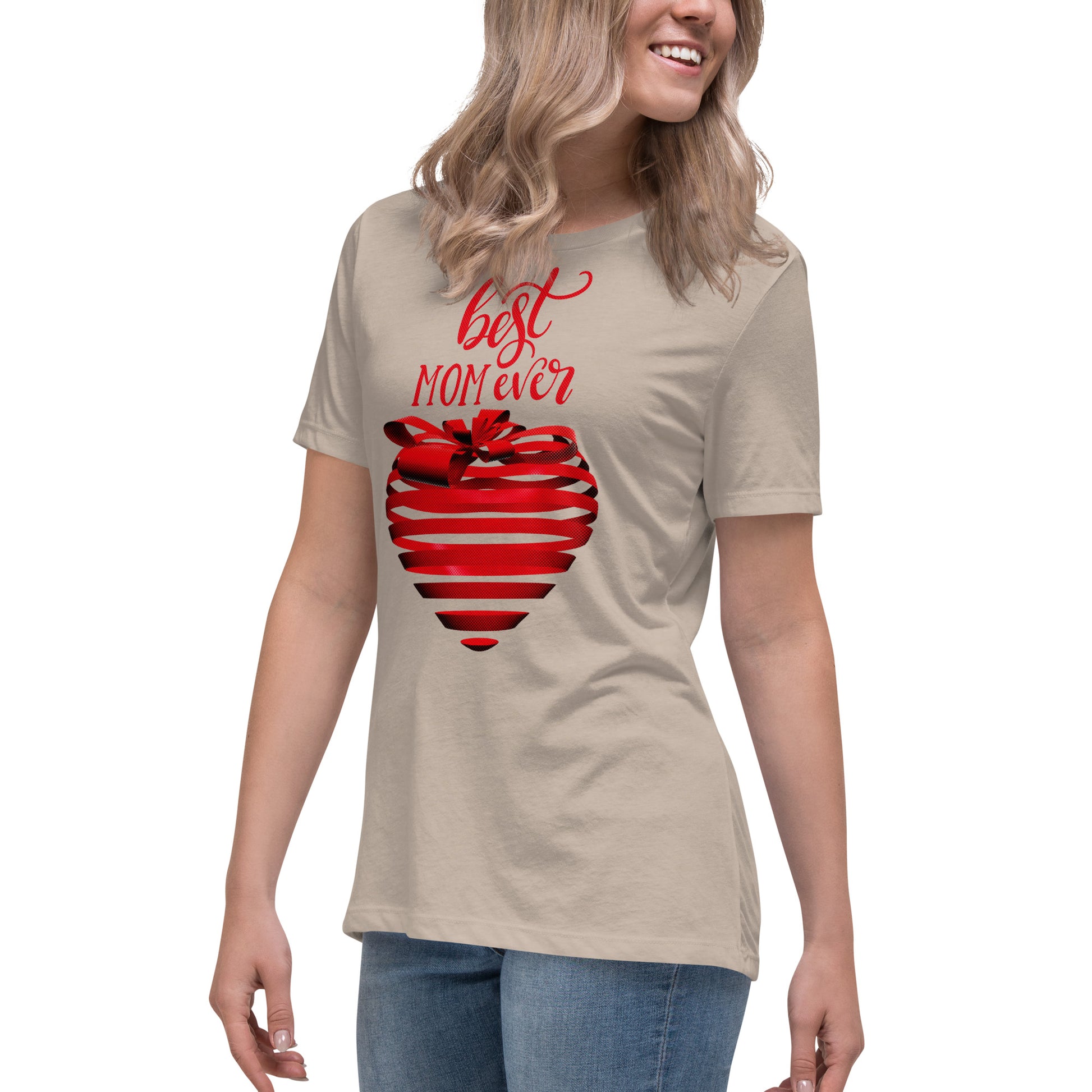 Women with stone T-shirt with red text best MOM Ever and red heart