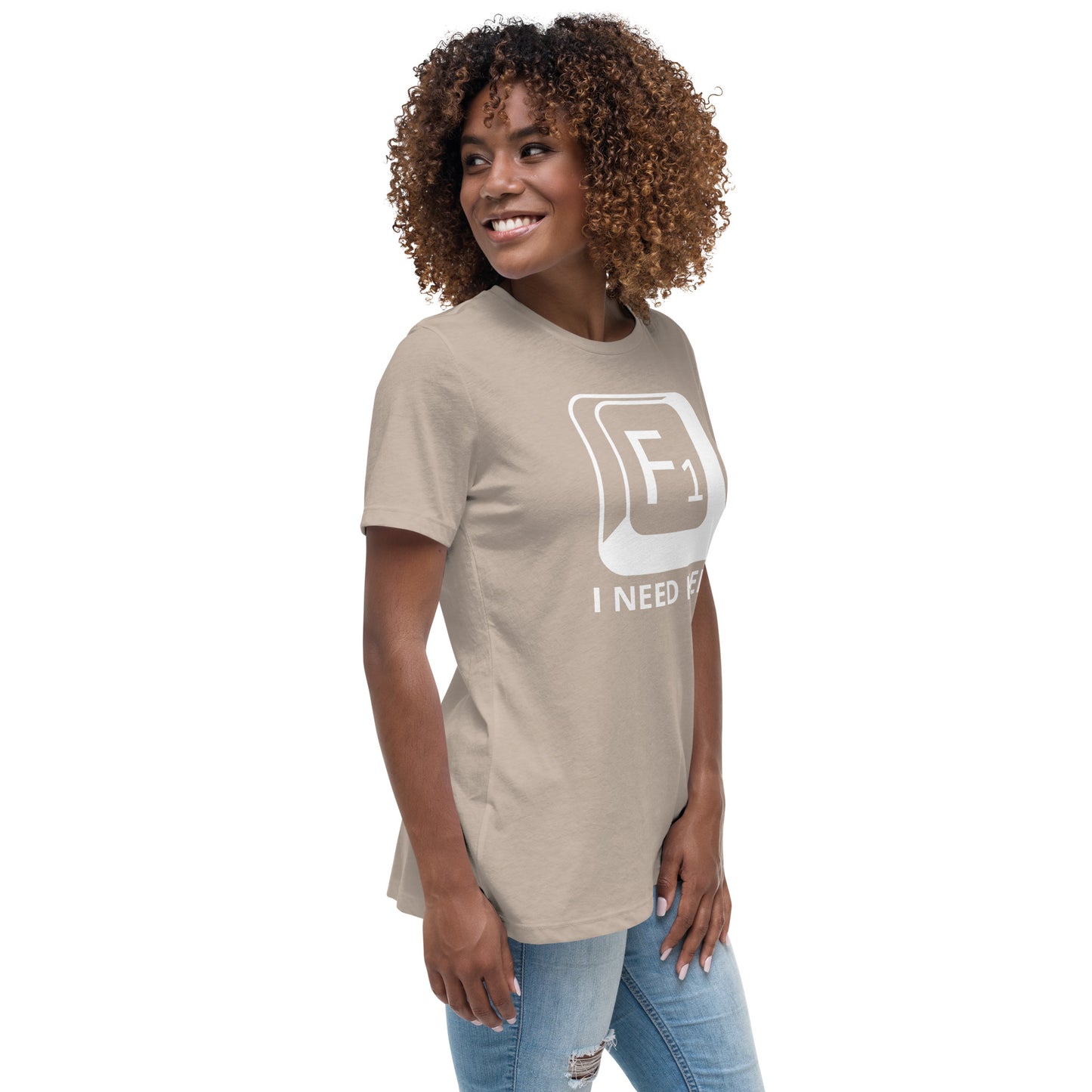 Woman with stone t-shirt with picture of "F1" key and text "I need help"