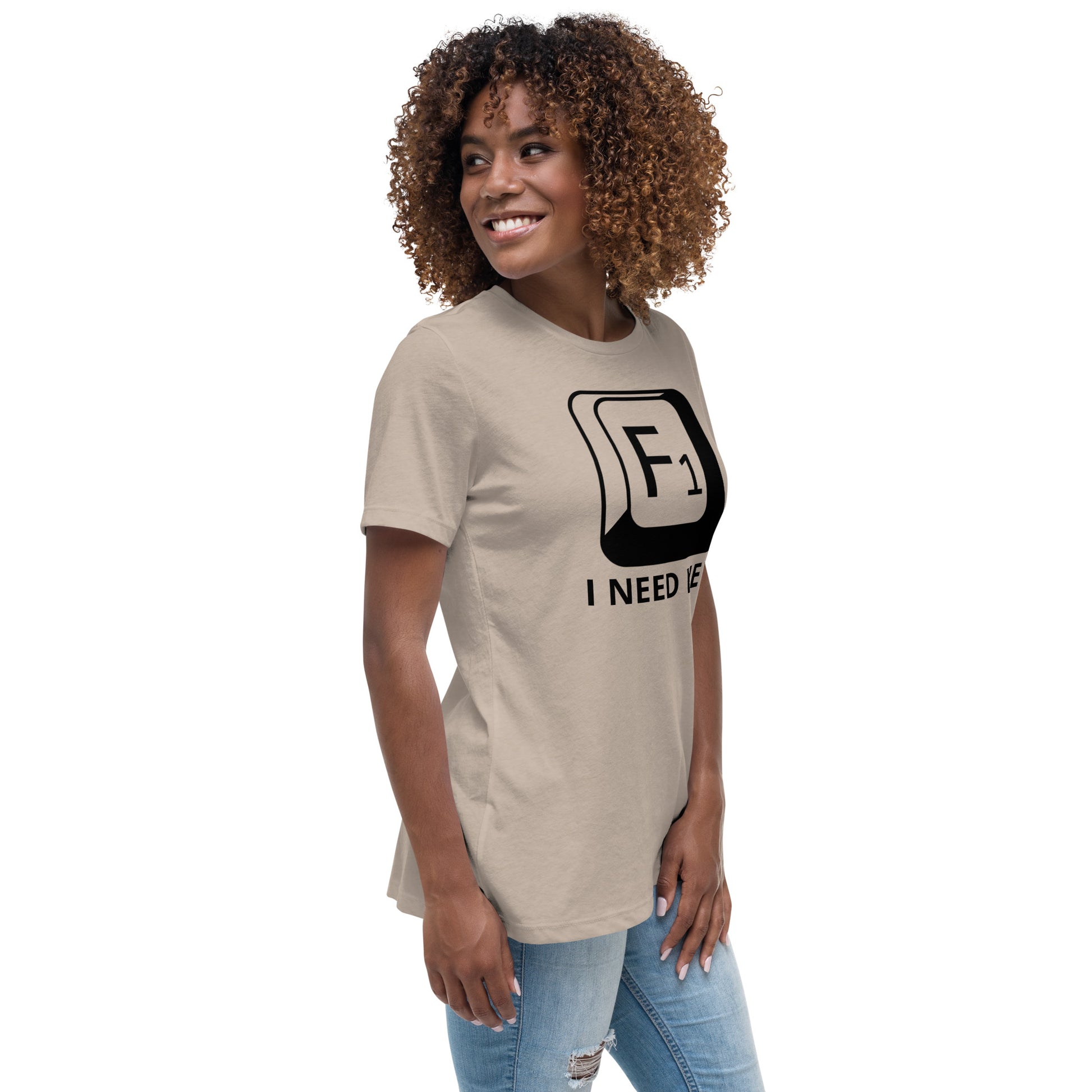 Woman with stone t-shirt with picture of "F1" key and text "I need help"