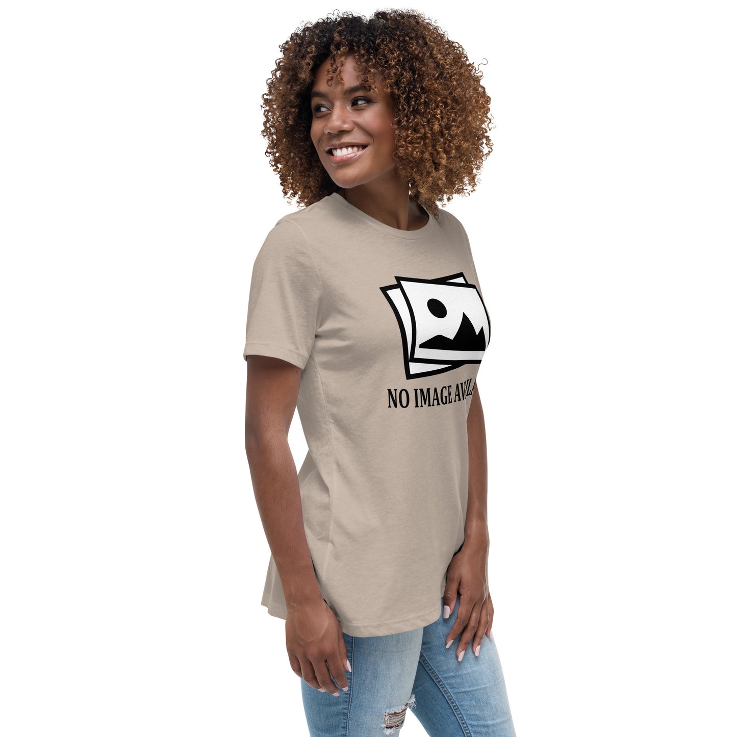Women with stone t-shirt with image and text "no image available"