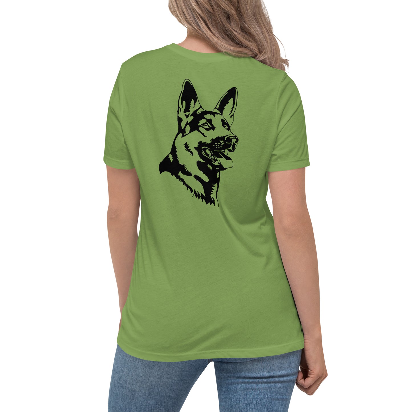 Women with leaf shirt with German shepherd