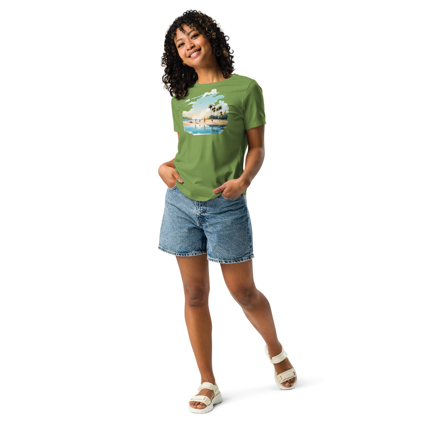Women with color leaf T-shirt and a picture of sea and sand