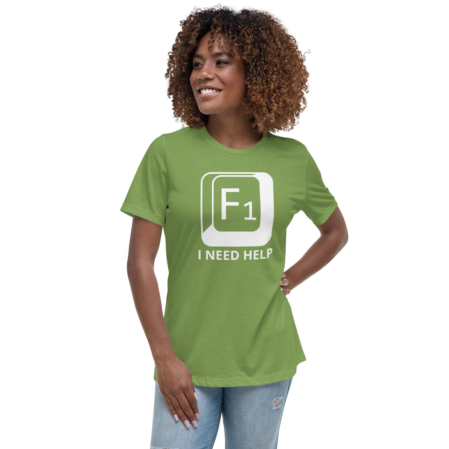 Woman with leaf green t-shirt with picture of "F1" key and text "I need help"