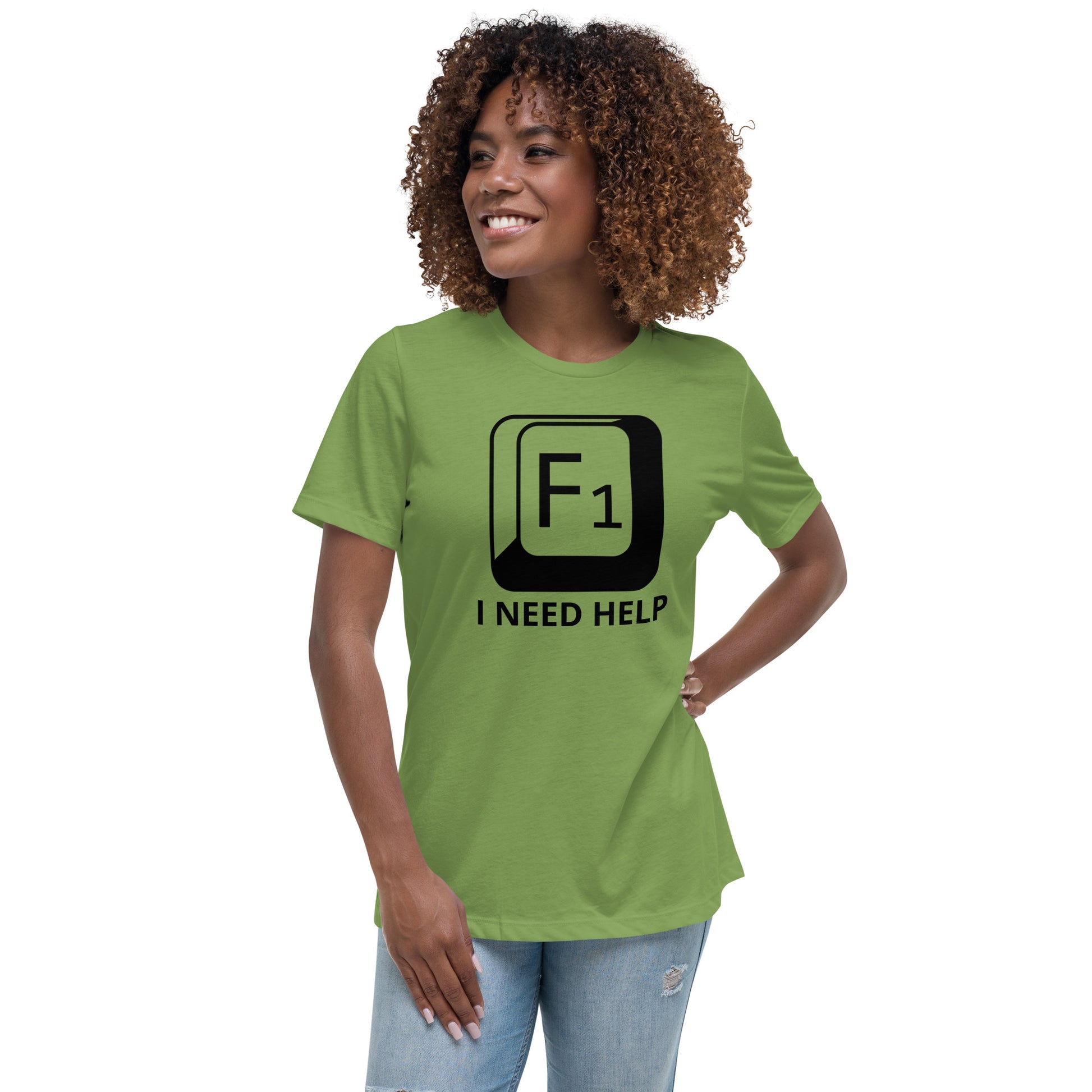 Woman with leaf green t-shirt with picture of "F1" key and text "I need help"