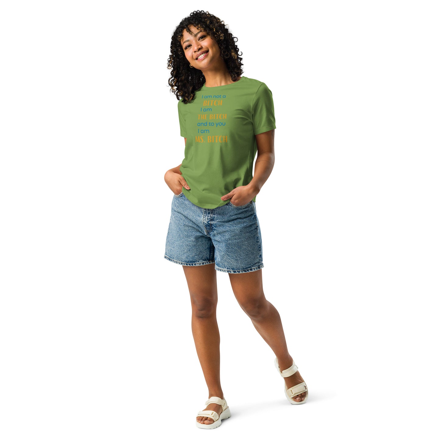 Women with leaf green t-shirt with the text "to you I'm MS bitch"
