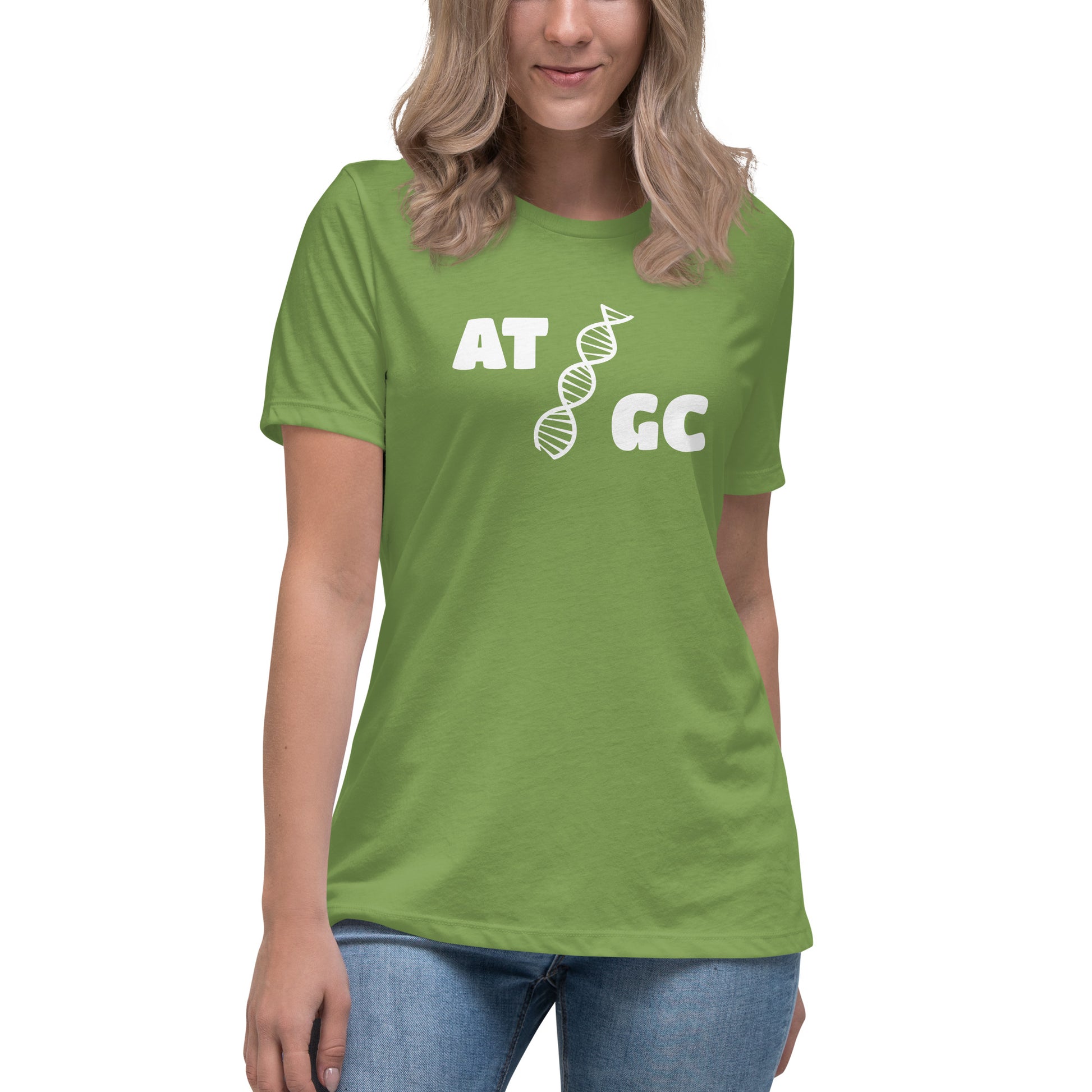 Women with leaf green t-shirt with image of a DNA string and the text "ATGC"