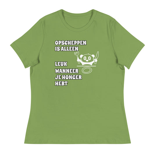 groene T-shirt met tekst  “opscheppen is alleen leuk wanneer je honger hebt” 