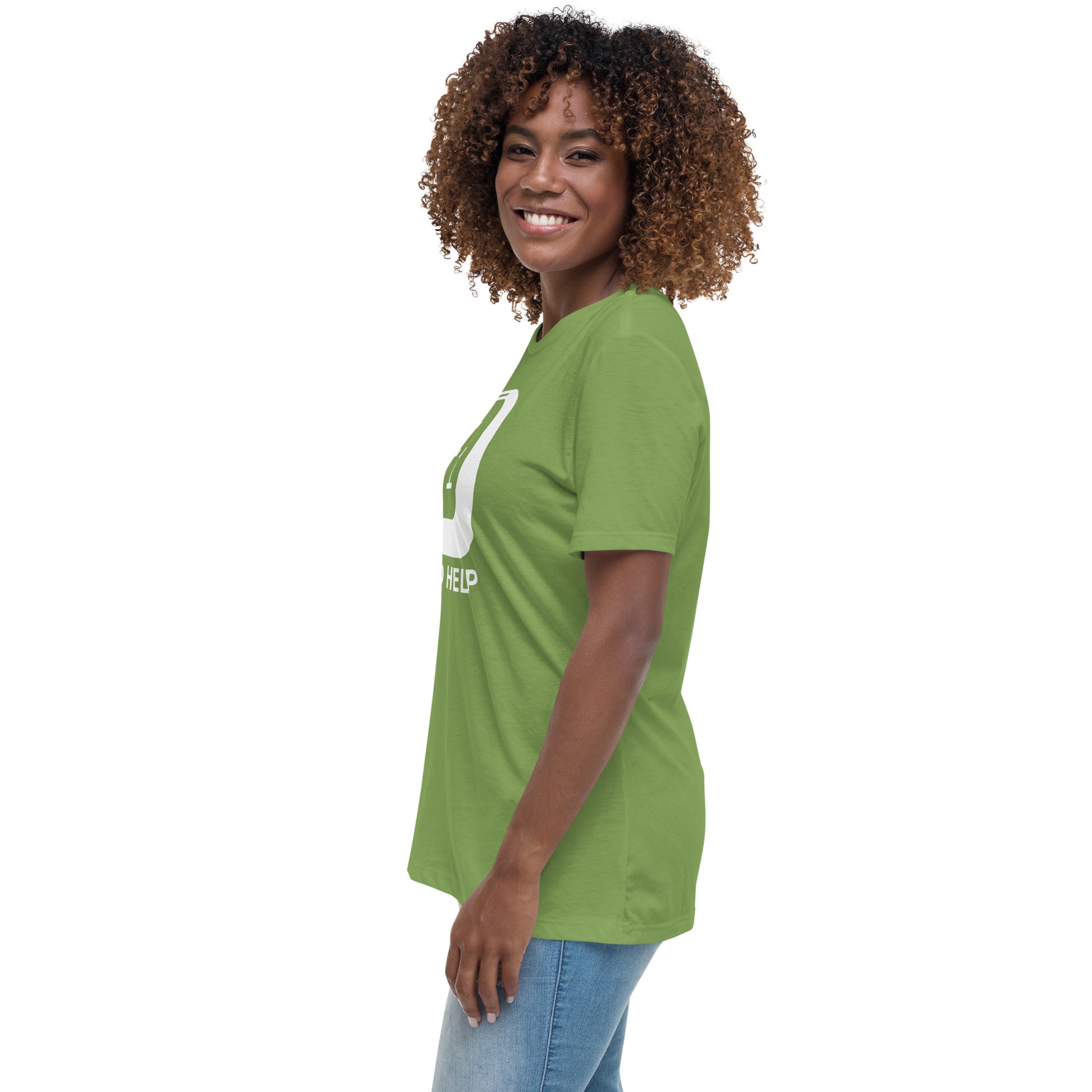 Woman with leaf green  t-shirt with picture of "F1" key and text "I need help"