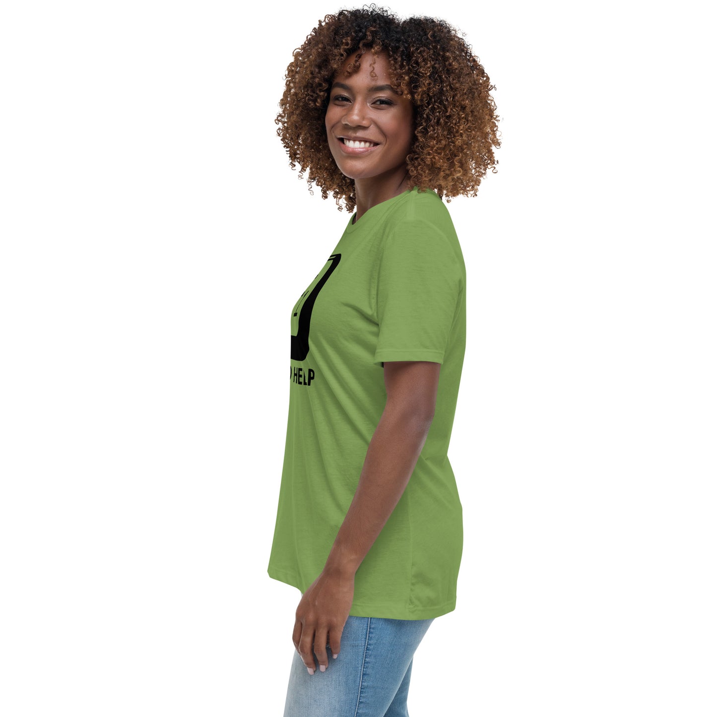 Woman with leaf green t-shirt with picture of "F1" key and text "I need help"