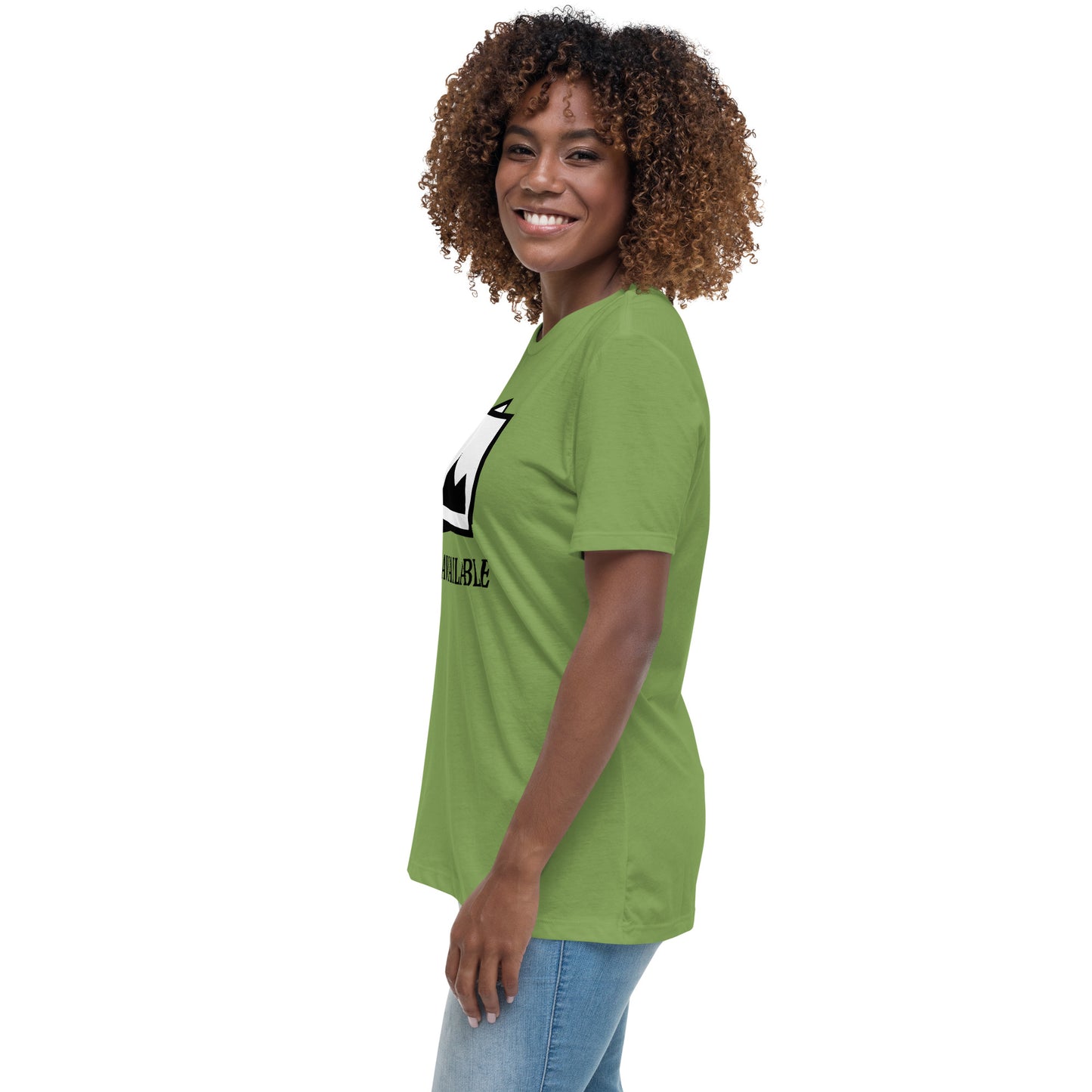 Women with leaf green t-shirt with image and text "no image available"