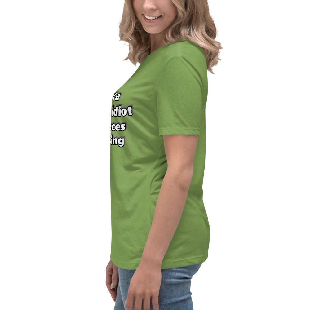 Women with leaf green t-shirt with text “I’m not a complete idiot, some pieces are missing”