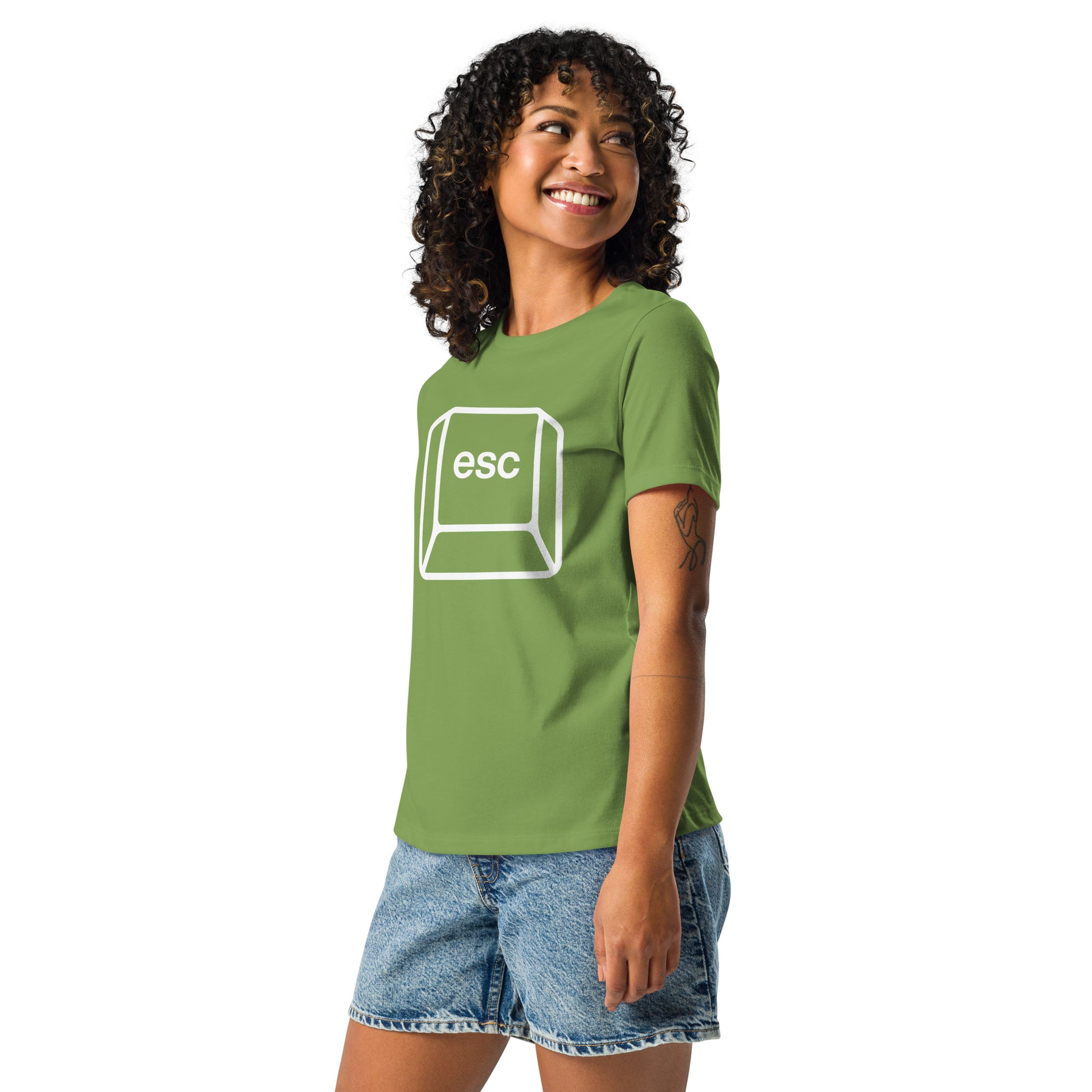 Woman with leaf green t-shirt with picture of esc key