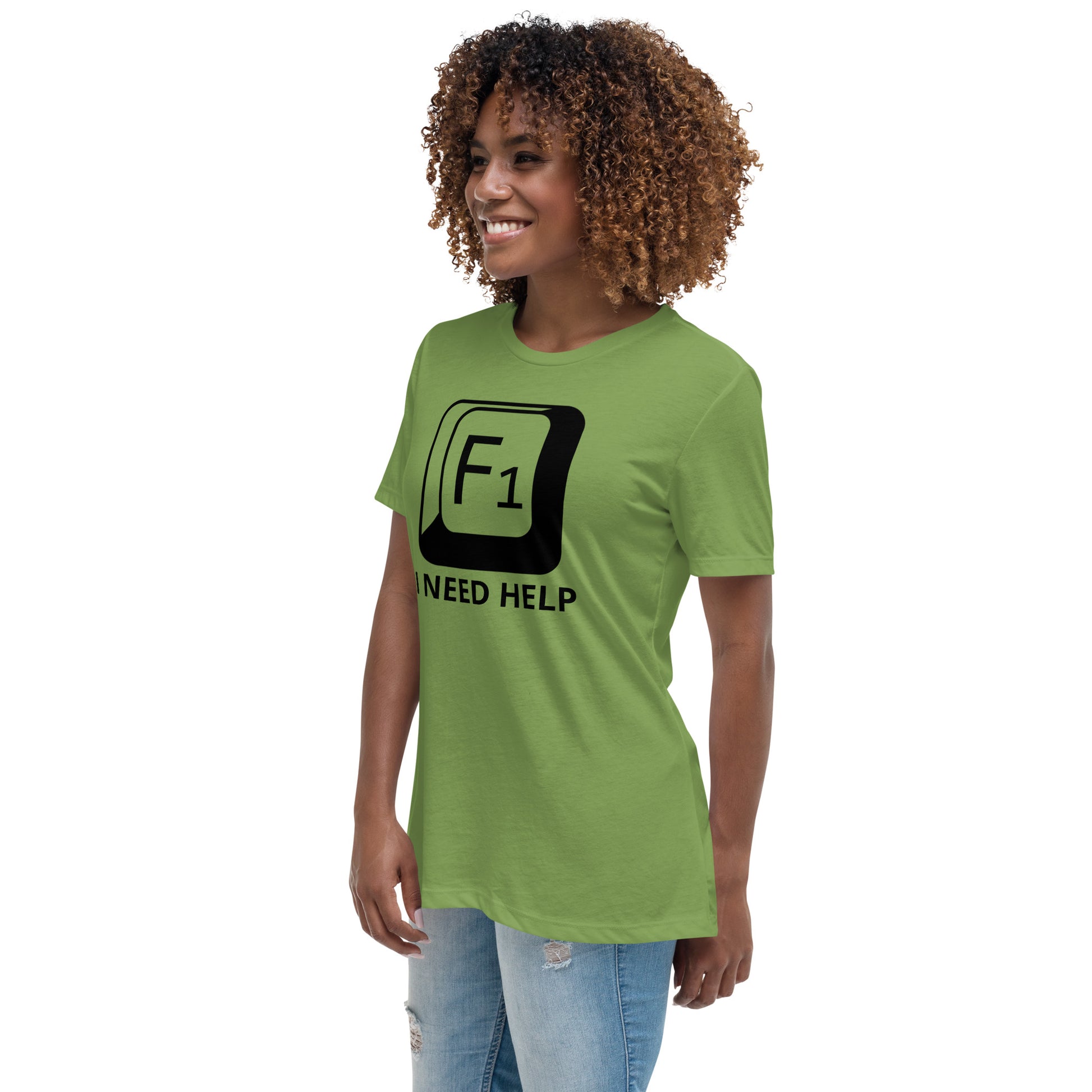 Woman with leaf green t-shirt with picture of "F1" key and text "I need help"