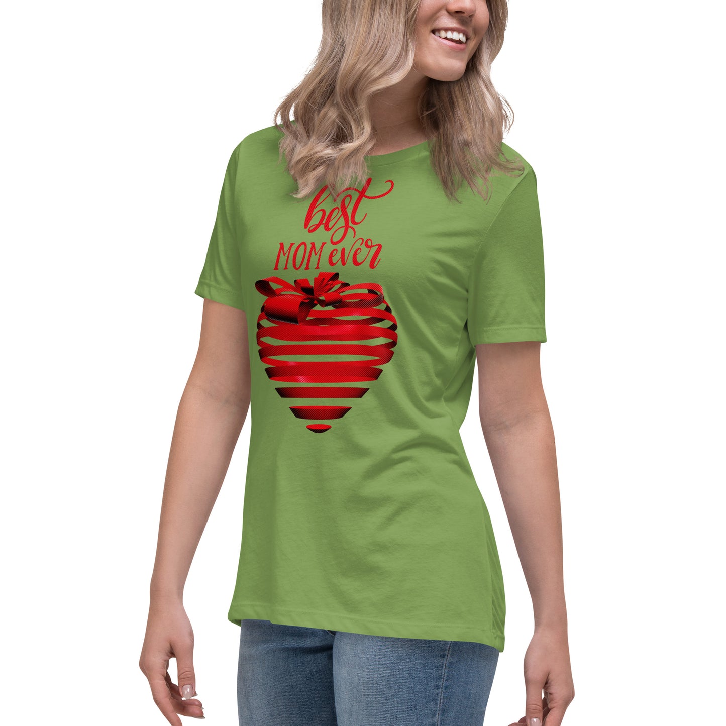 Women with leaf green T-shirt with red text best MOM Ever and red heart