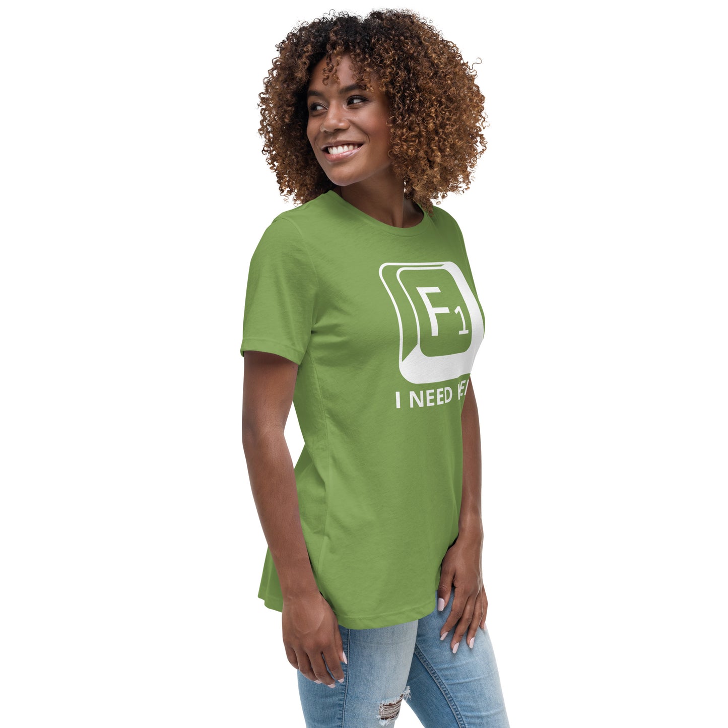 Woman with leaf green  t-shirt with picture of "F1" key and text "I need help"
